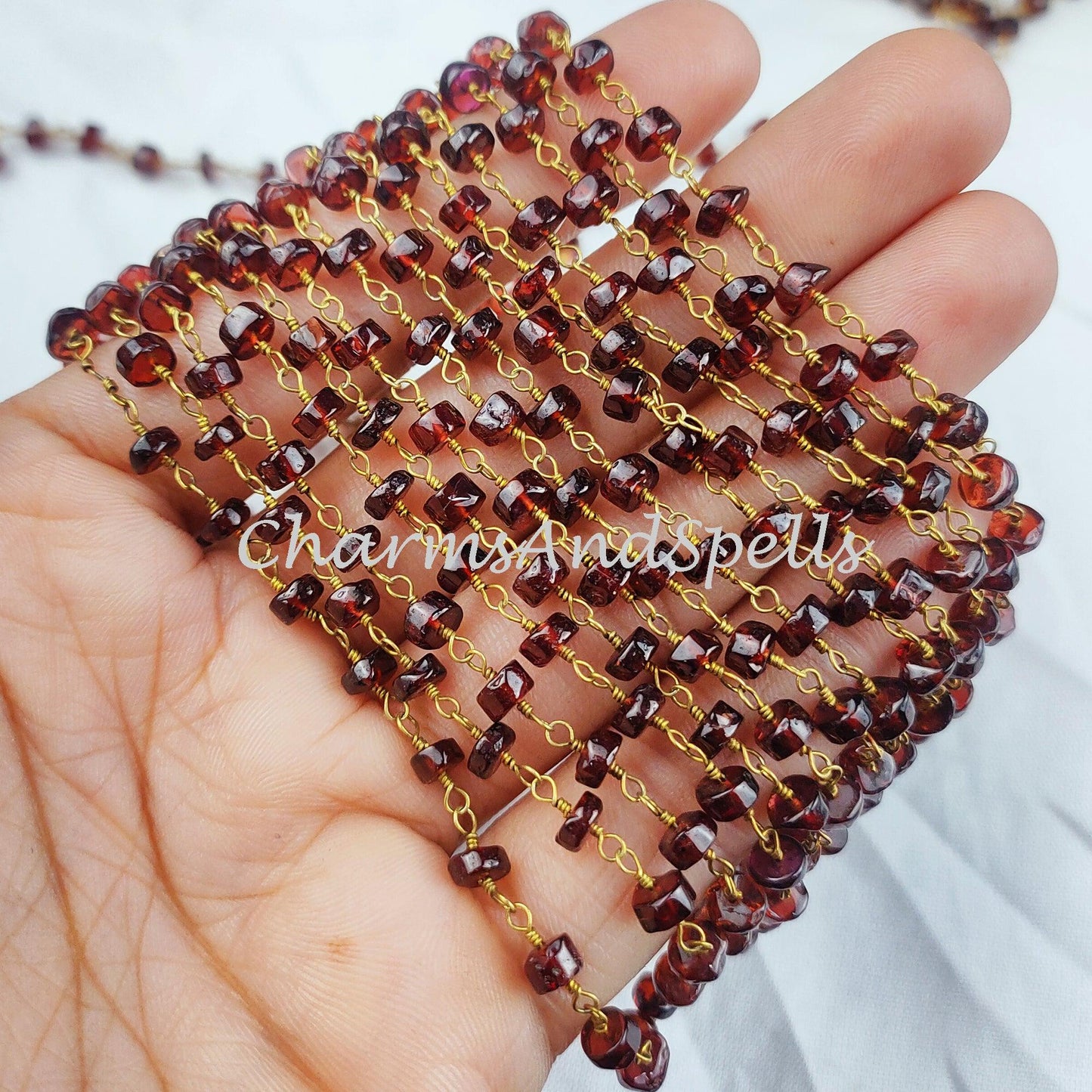 1,2,5,10,25 Ft Garnet Faceted Tyre Beaded Rosary Chain, 14K Gold Plated Wire, Jewelry Making Chain, Wire Wrapped Chain - Charms And Spells