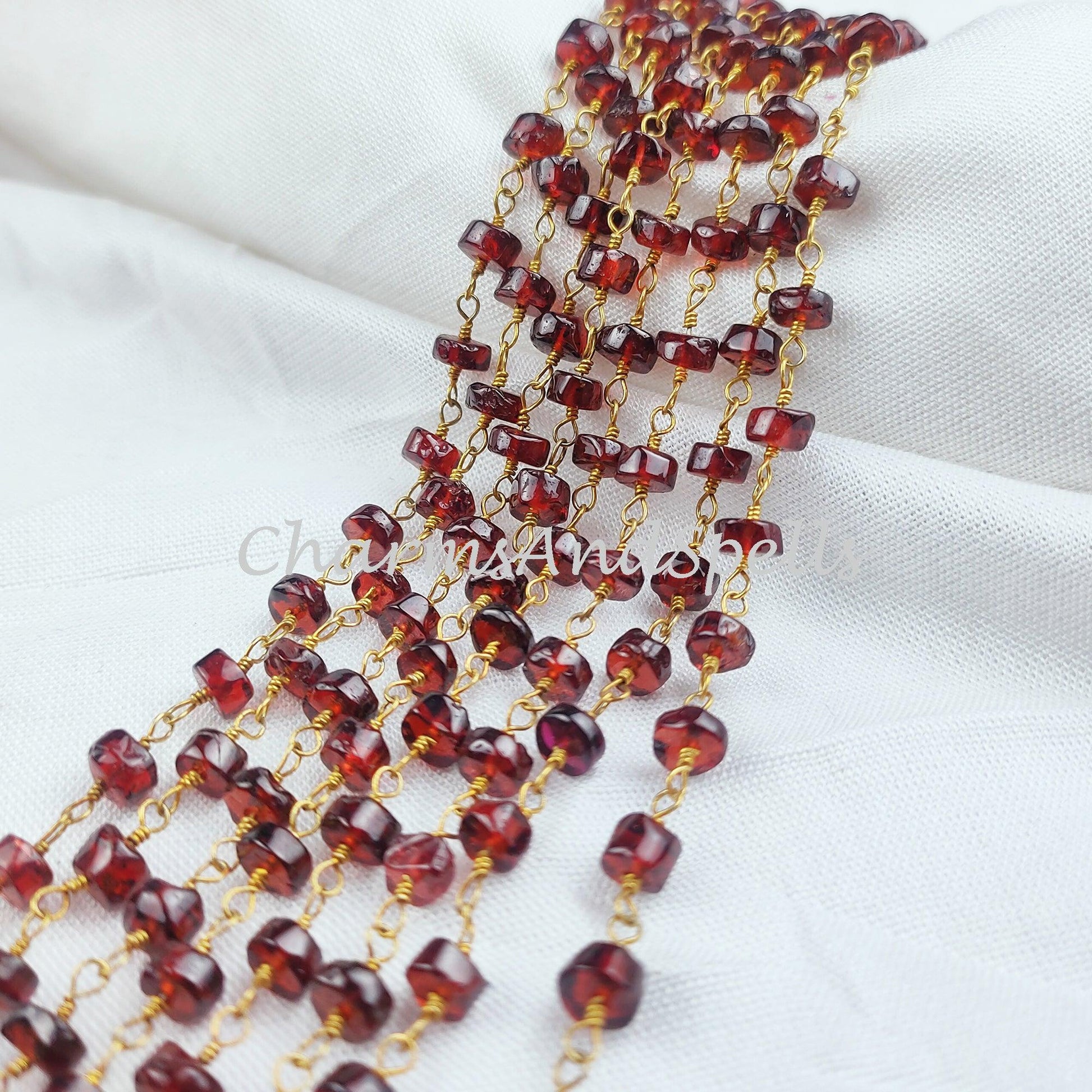 1,2,5,10,25 Ft Garnet Faceted Tyre Beaded Rosary Chain, 14K Gold Plated Wire, Jewelry Making Chain, Wire Wrapped Chain - Charms And Spells