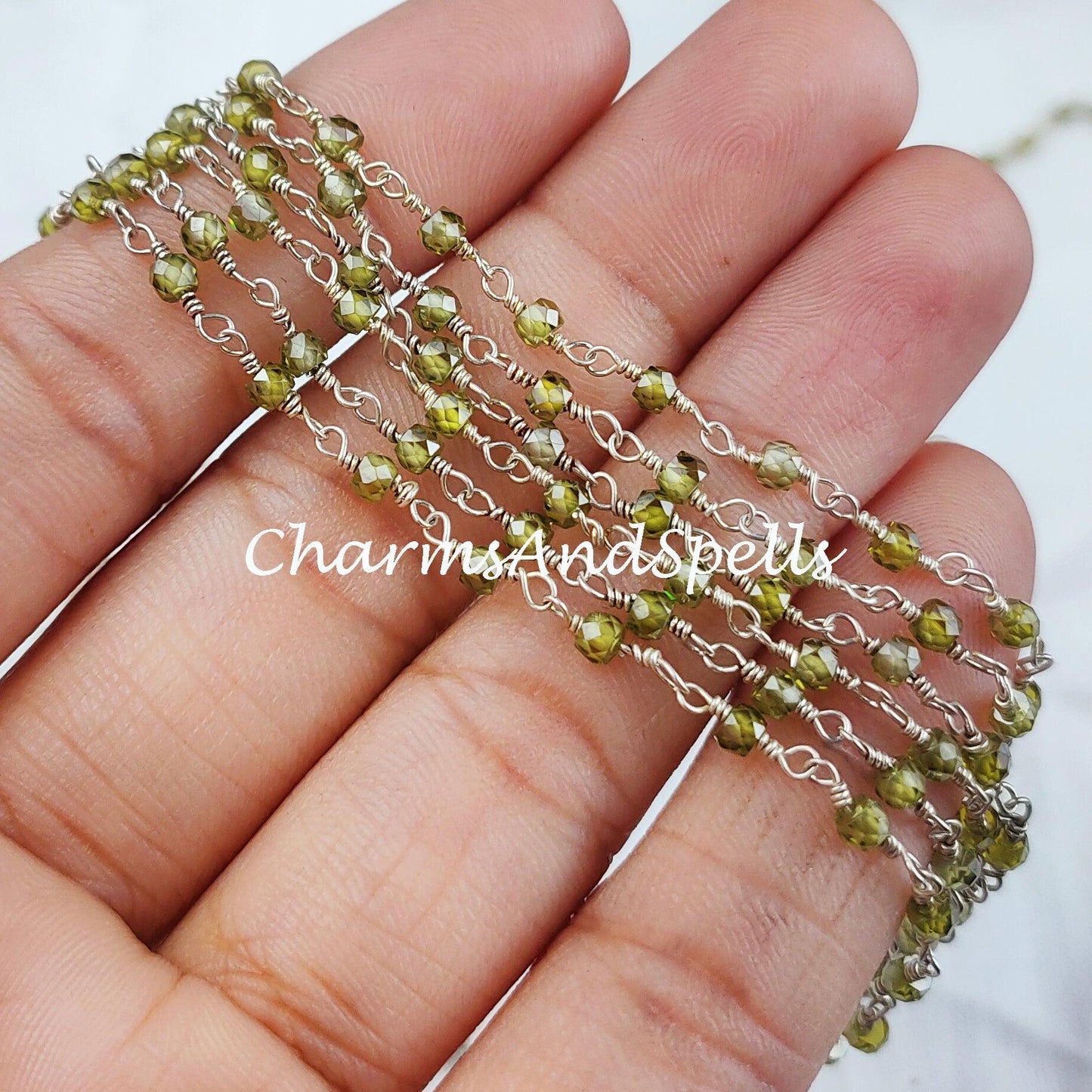 1 Feet Chain, Peridot Beaded Rosary Chain, Silver Plated Wire Wrapped, Green Gemstone Beads, 1,2,5,10 feet Roll, Necklace Chain, Jewelry Making - Charms And Spells