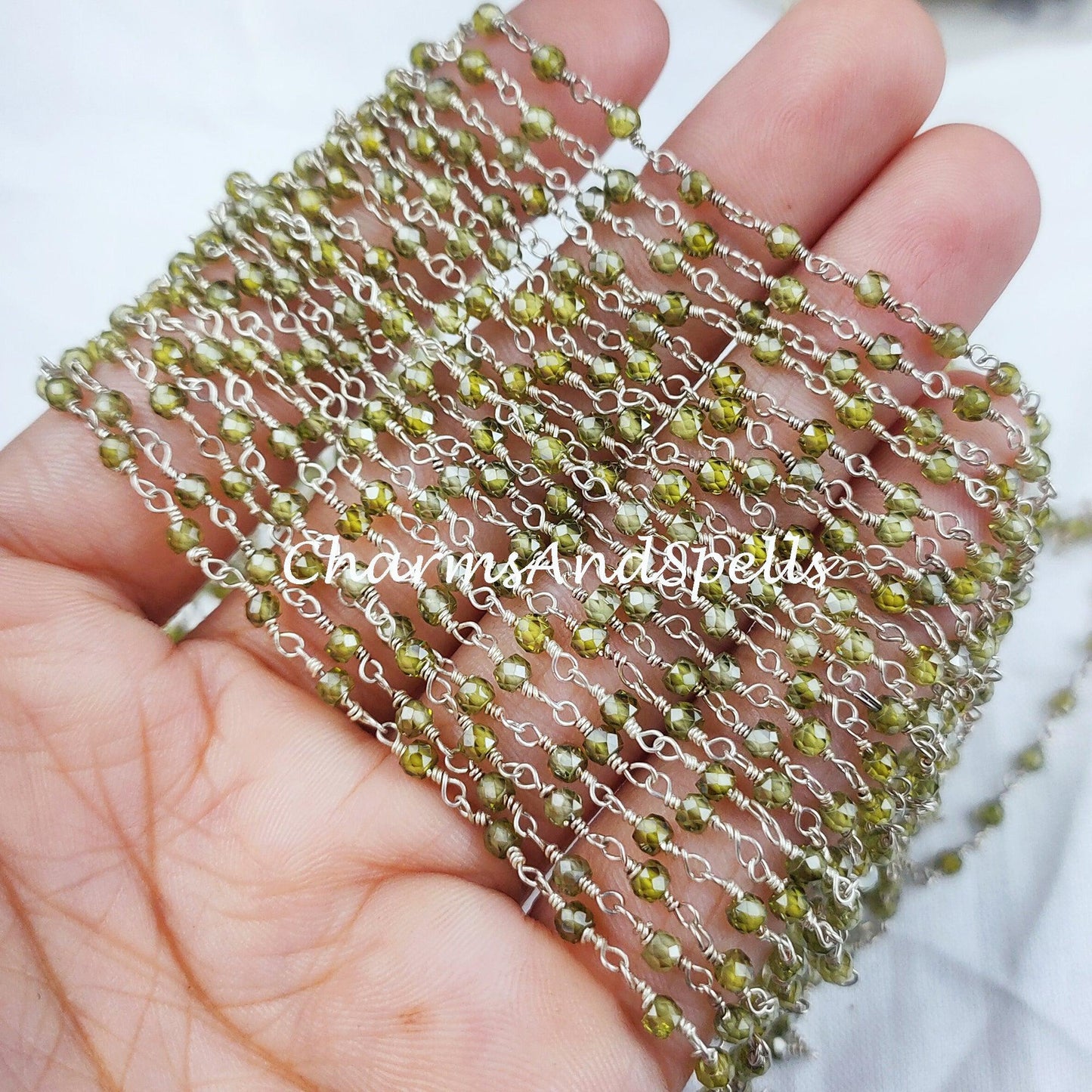 1 Feet Chain, Peridot Beaded Rosary Chain, Silver Plated Wire Wrapped, Green Gemstone Beads, 1,2,5,10 feet Roll, Necklace Chain, Jewelry Making - Charms And Spells