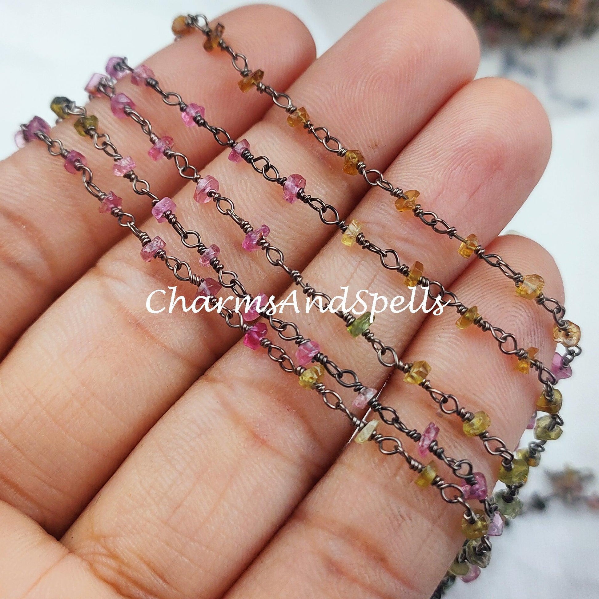 1 Feet Chain, Multi Tourmaline Rosary Chain, Black Plated Wire Wrap Chain, Uncut Rosary, Gemstone Rosary Chain For Making Jewelry - Charms And Spells