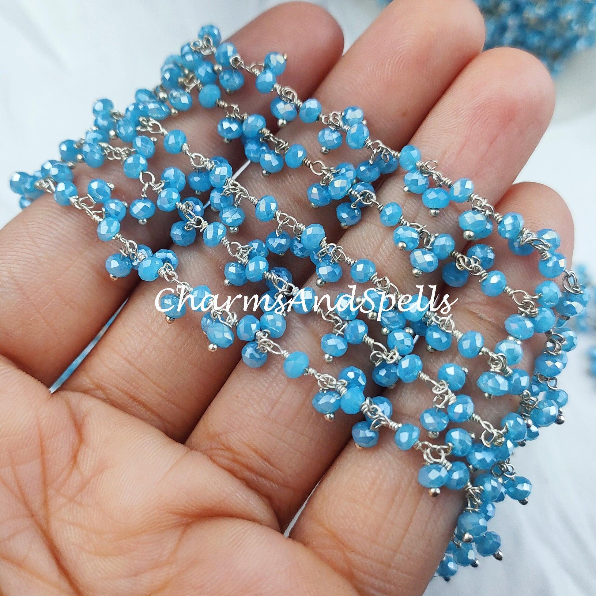 1 Feet Chain, Coated Blue Chalcedony Thick Rosary Chain, Rondelle Faceted 3.5mm 925 Sterling Silver Plated Chain, Jewelry Findings - Charms And Spells