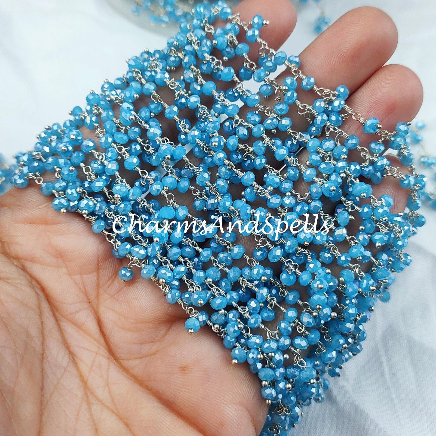 1 Feet Chain, Coated Blue Chalcedony Thick Rosary Chain, Rondelle Faceted 3.5mm 925 Sterling Silver Plated Chain, Jewelry Findings - Charms And Spells