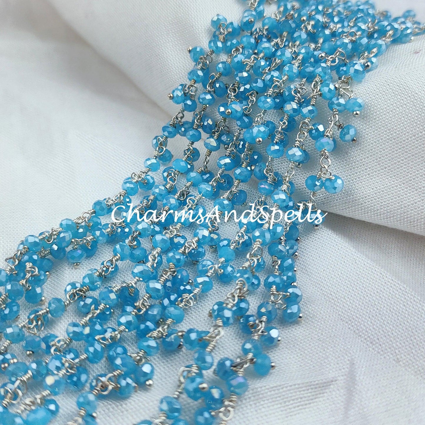 1 Feet Chain, Coated Blue Chalcedony Thick Rosary Chain, Rondelle Faceted 3.5mm 925 Sterling Silver Plated Chain, Jewelry Findings - Charms And Spells