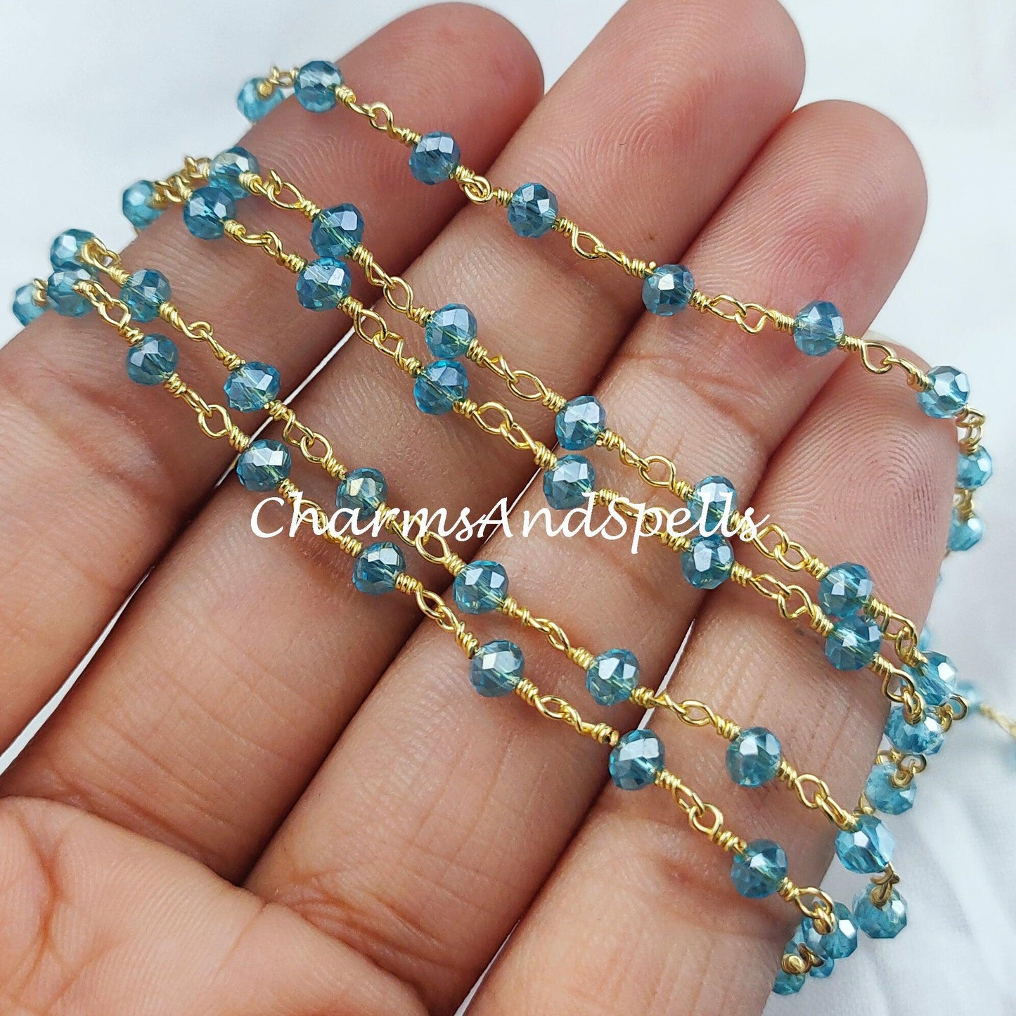 1,2,5,10,25 Ft Topaz Hydro Rondelle Beaded Rosary Chain, Gold Plated Wire, Jewelry Making, Wire Wrapped Chain 3.5-4mm - Charms And Spells