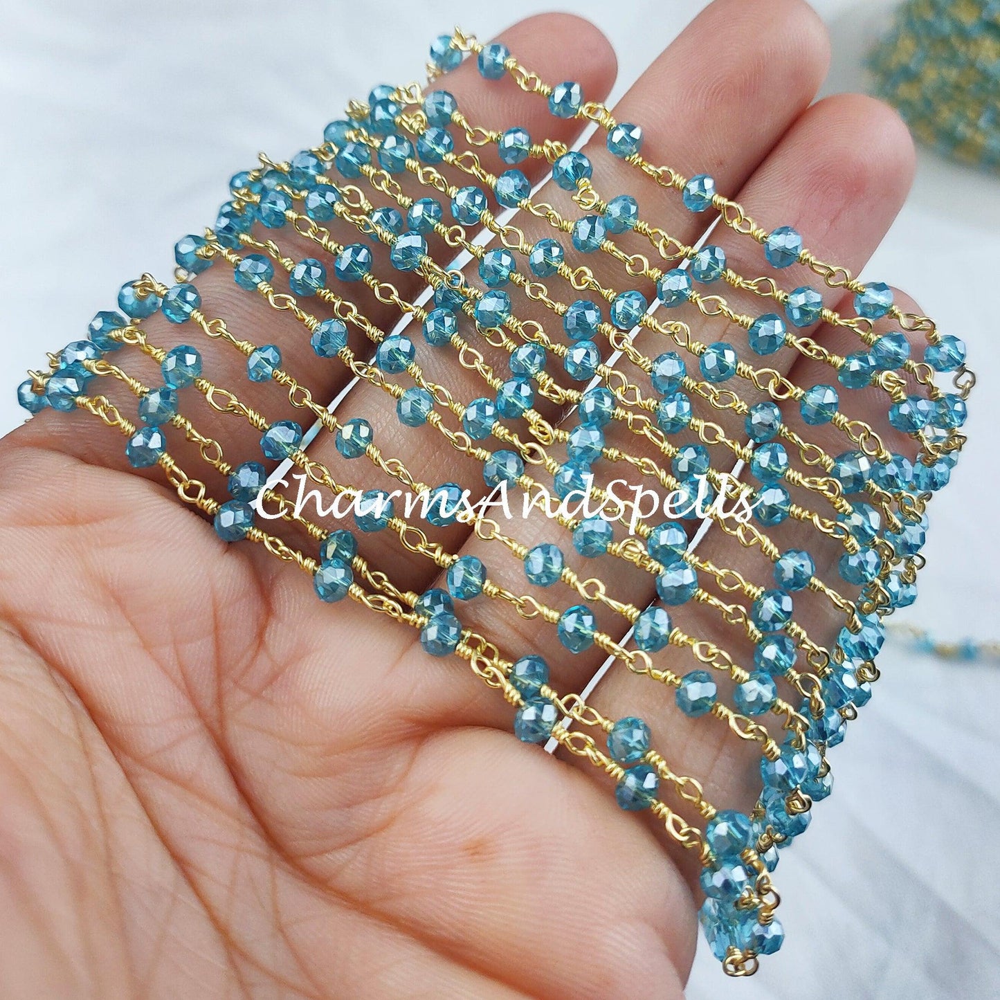 1,2,5,10,25 Ft Topaz Hydro Rondelle Beaded Rosary Chain, Gold Plated Wire, Jewelry Making, Wire Wrapped Chain 3.5-4mm - Charms And Spells