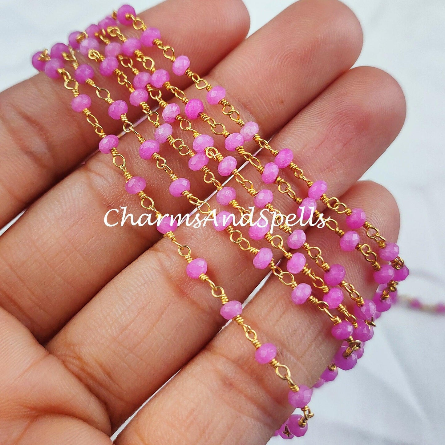 1 Feet Chain, Pink Agate Rosary Chain, Rondelle Beads Chain, Gold Plated Agate Chain, DIY Jewelry Making Supply, 3-3.5mm Bead Size - Charms And Spells