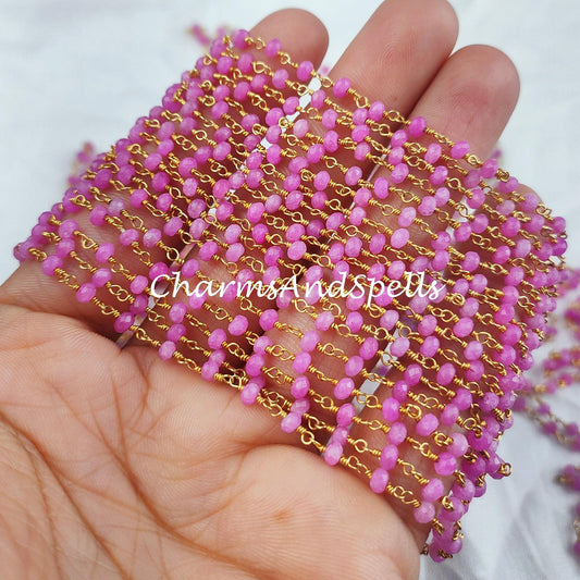 1 Feet Chain, Pink Agate Rosary Chain, Rondelle Beads Chain, Gold Plated Agate Chain, DIY Jewelry Making Supply, 3-3.5mm Bead Size - Charms And Spells