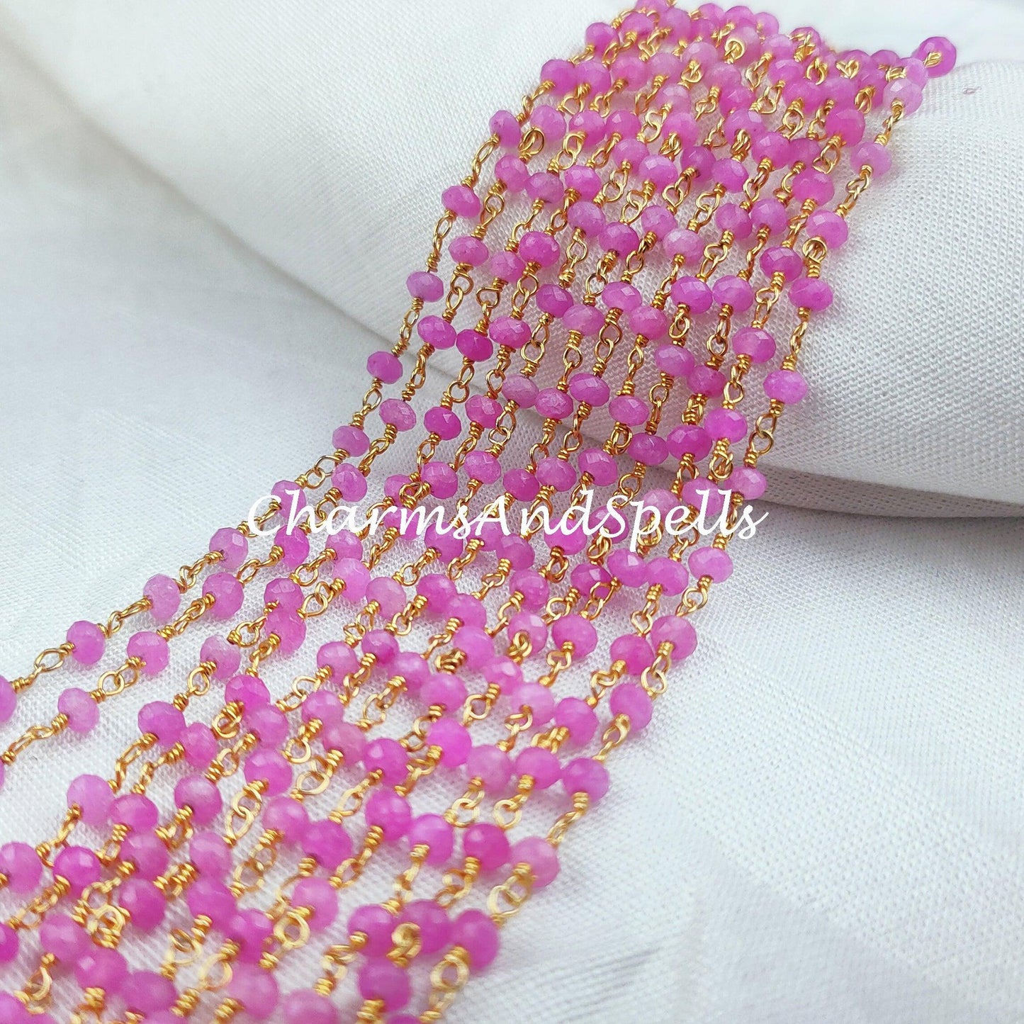 1 Feet Chain, Pink Agate Rosary Chain, Rondelle Beads Chain, Gold Plated Agate Chain, DIY Jewelry Making Supply, 3-3.5mm Bead Size - Charms And Spells