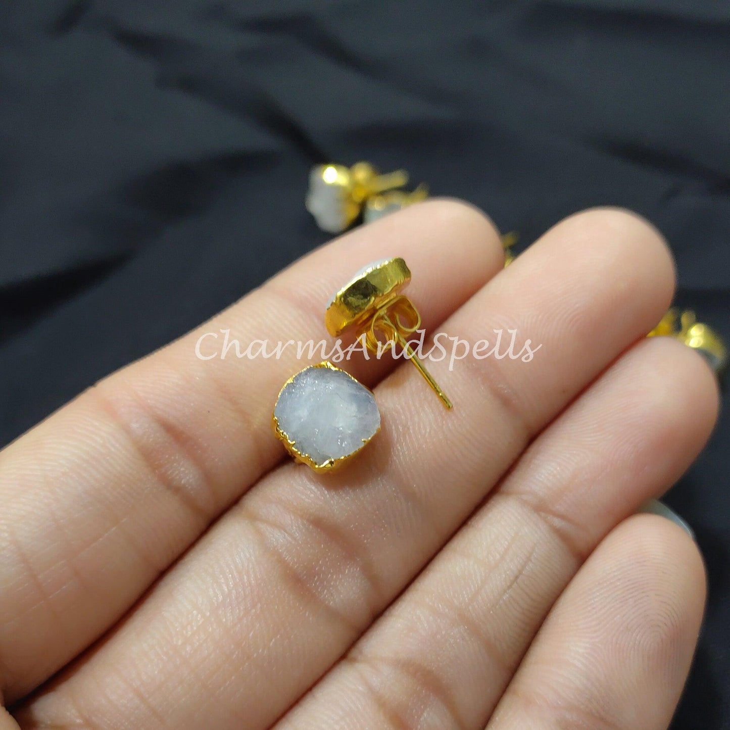 Tiny moonstone studs, rainbow moonstone jewelry, birthstone earrings, minimalist crystal jewelry, boho earrings - Charms And Spells