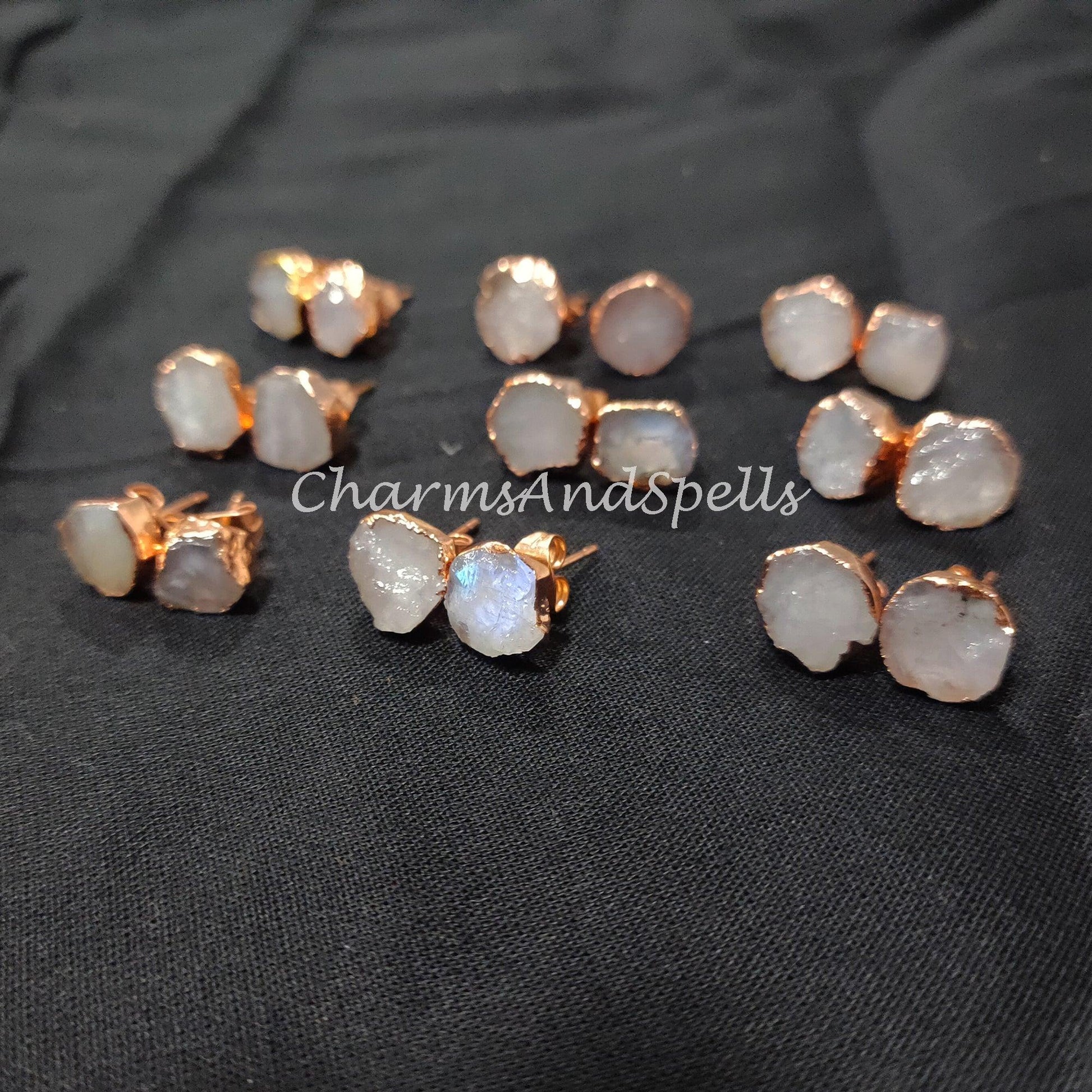 Tiny Rainbow Moonstone Studs, Copper Earrings, Raw Rainbow Moonstone Stud Earrings, Blue Gemstone Stud Earrings, Women Earrings - Charms And Spells