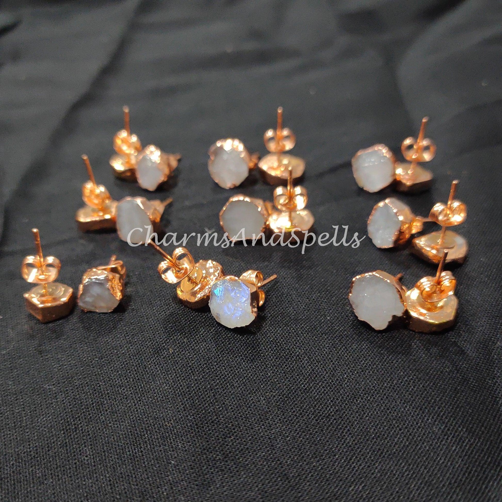 Tiny Rainbow Moonstone Studs, Copper Earrings, Raw Rainbow Moonstone Stud Earrings, Blue Gemstone Stud Earrings, Women Earrings - Charms And Spells