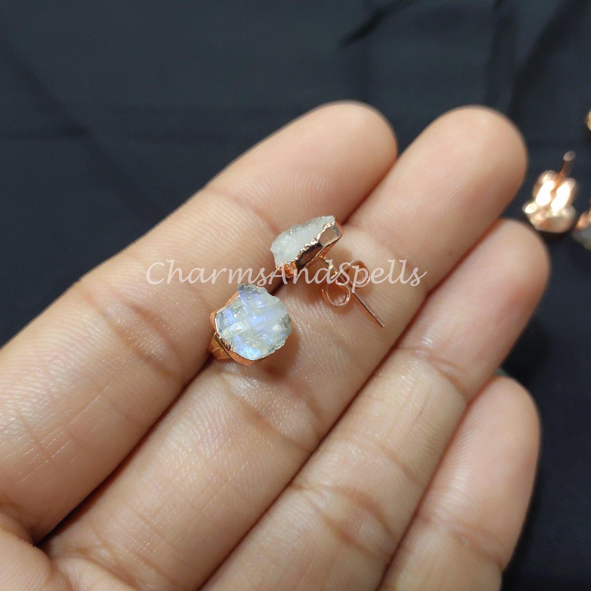 Tiny Rainbow Moonstone Studs, Copper Earrings, Raw Rainbow Moonstone Stud Earrings, Blue Gemstone Stud Earrings, Women Earrings - Charms And Spells