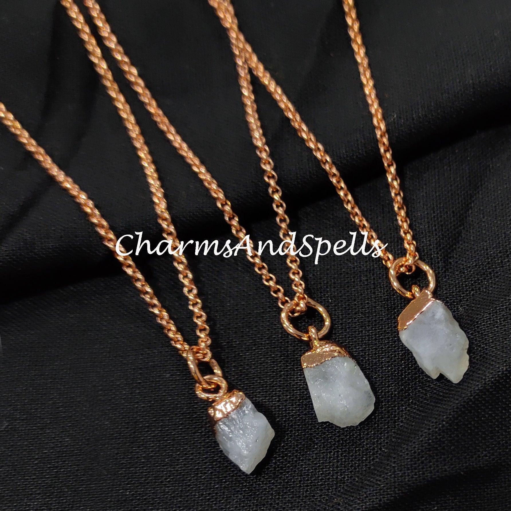 Rainbow Moonstone Necklace, Electroplated Raw Gemstone Jewelry, Copper Plated Necklace, Raw Birthstone Necklace - Charms And Spells