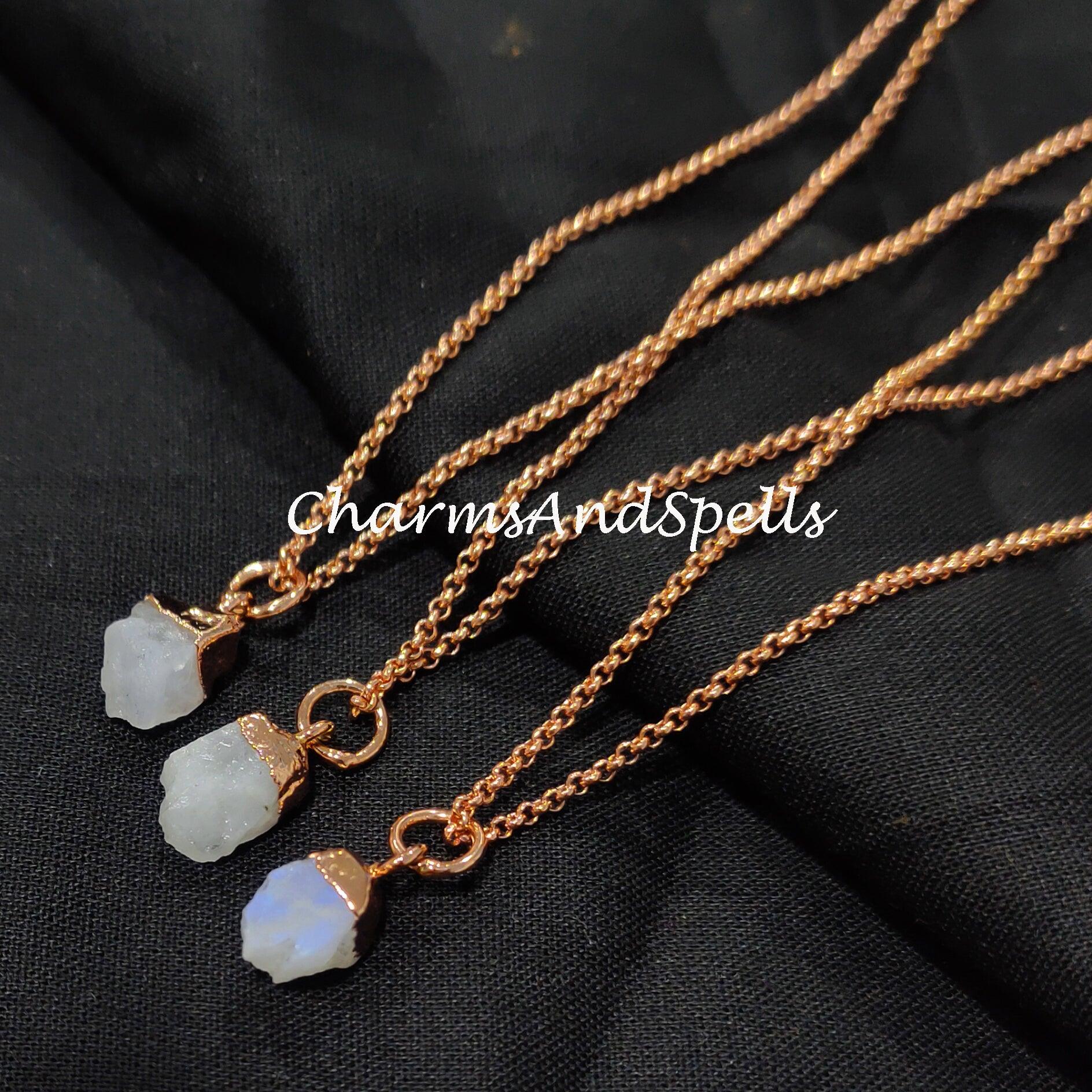 Rainbow Moonstone Necklace, Electroplated Raw Gemstone Jewelry, Copper Plated Necklace, Raw Birthstone Necklace - Charms And Spells