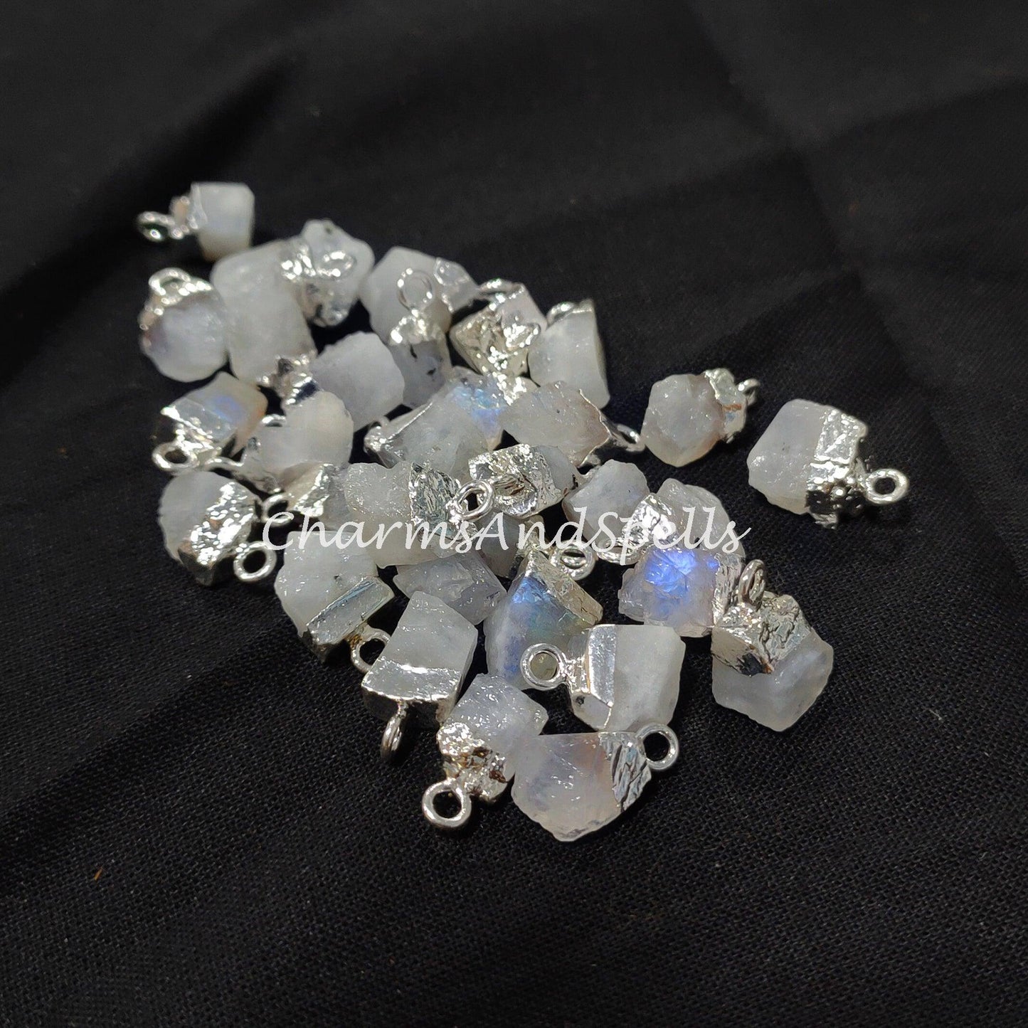 Raw Moonstone Electroplated Pendant Connectors, Rough Stone Connectors, Silver Plated Connectors, DIY Raw Moonstone Making Jewelry - Charms And Spells