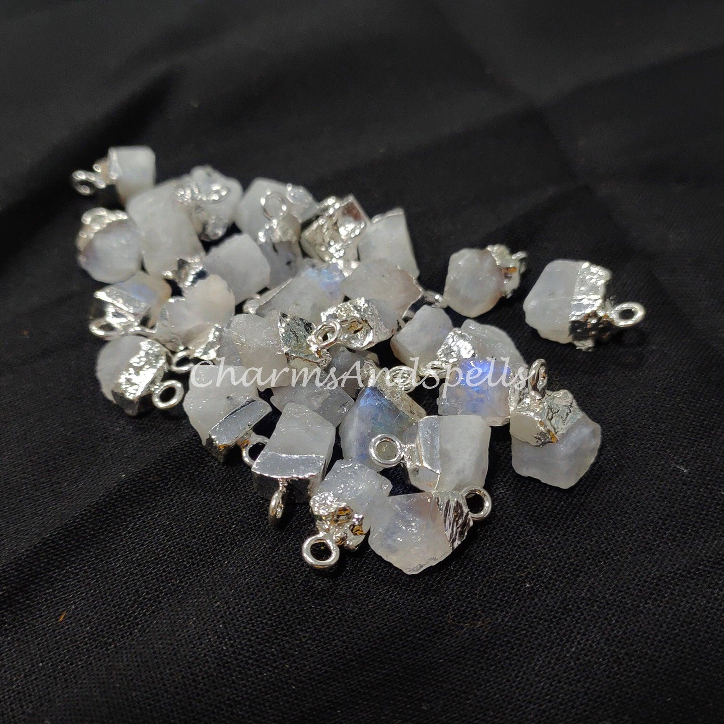 Raw Moonstone Electroplated Pendant Connectors, Rough Stone Connectors, Silver Plated Connectors, DIY Raw Moonstone Making Jewelry - Charms And Spells