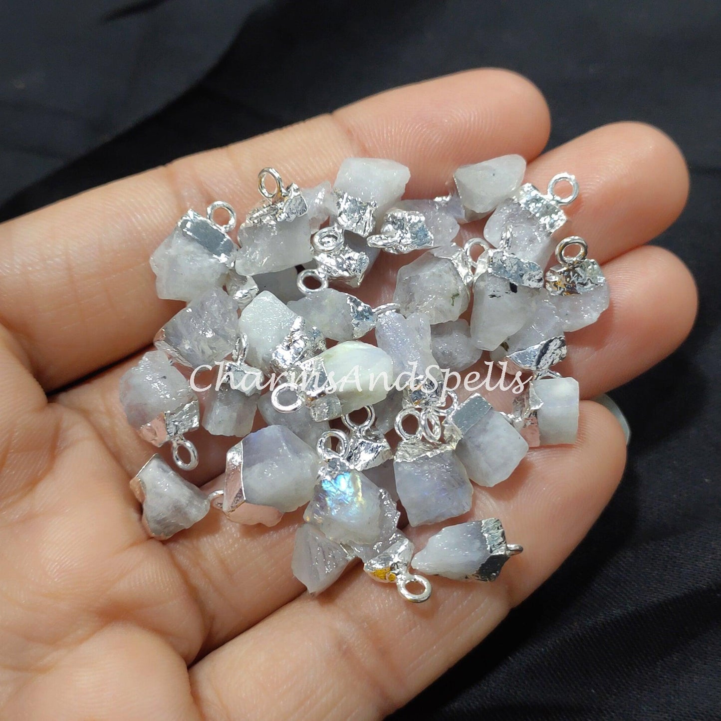 Raw Moonstone Electroplated Pendant Connectors, Rough Stone Connectors, Silver Plated Connectors, DIY Raw Moonstone Making Jewelry - Charms And Spells