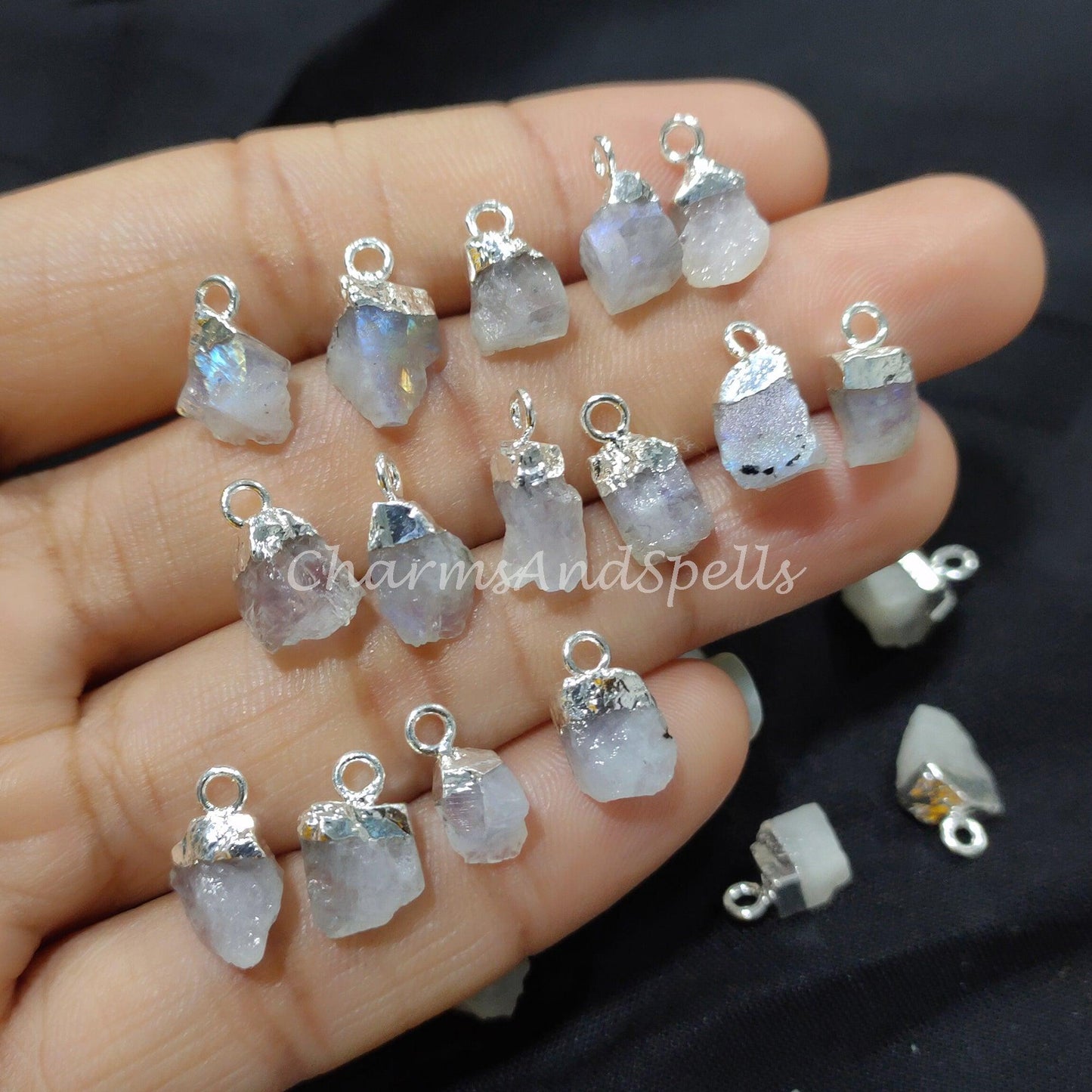 Raw Moonstone Electroplated Pendant Connectors, Rough Stone Connectors, Silver Plated Connectors, DIY Raw Moonstone Making Jewelry - Charms And Spells