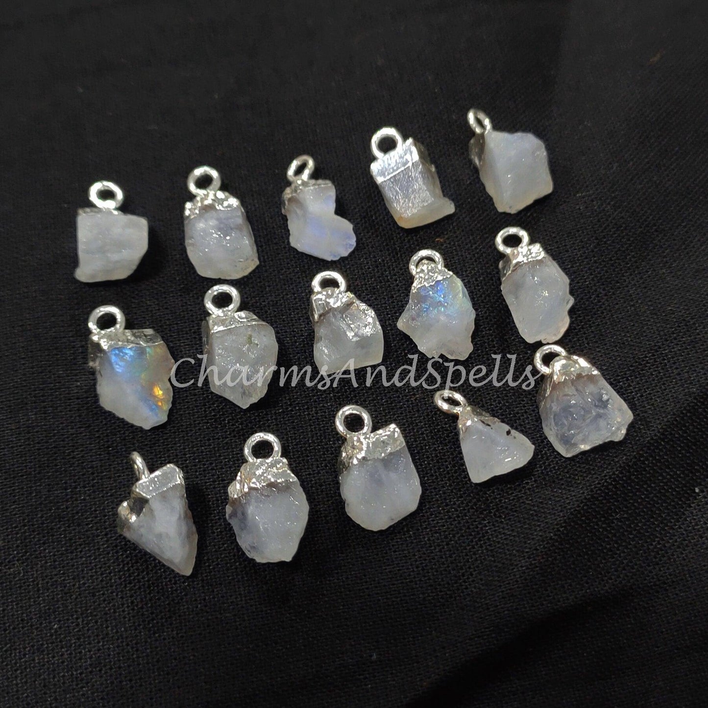 Raw Moonstone Electroplated Pendant Connectors, Rough Stone Connectors, Silver Plated Connectors, DIY Raw Moonstone Making Jewelry - Charms And Spells