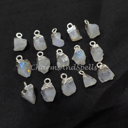 Raw Moonstone Electroplated Pendant Connectors, Rough Stone Connectors, Silver Plated Connectors, DIY Raw Moonstone Making Jewelry - Charms And Spells