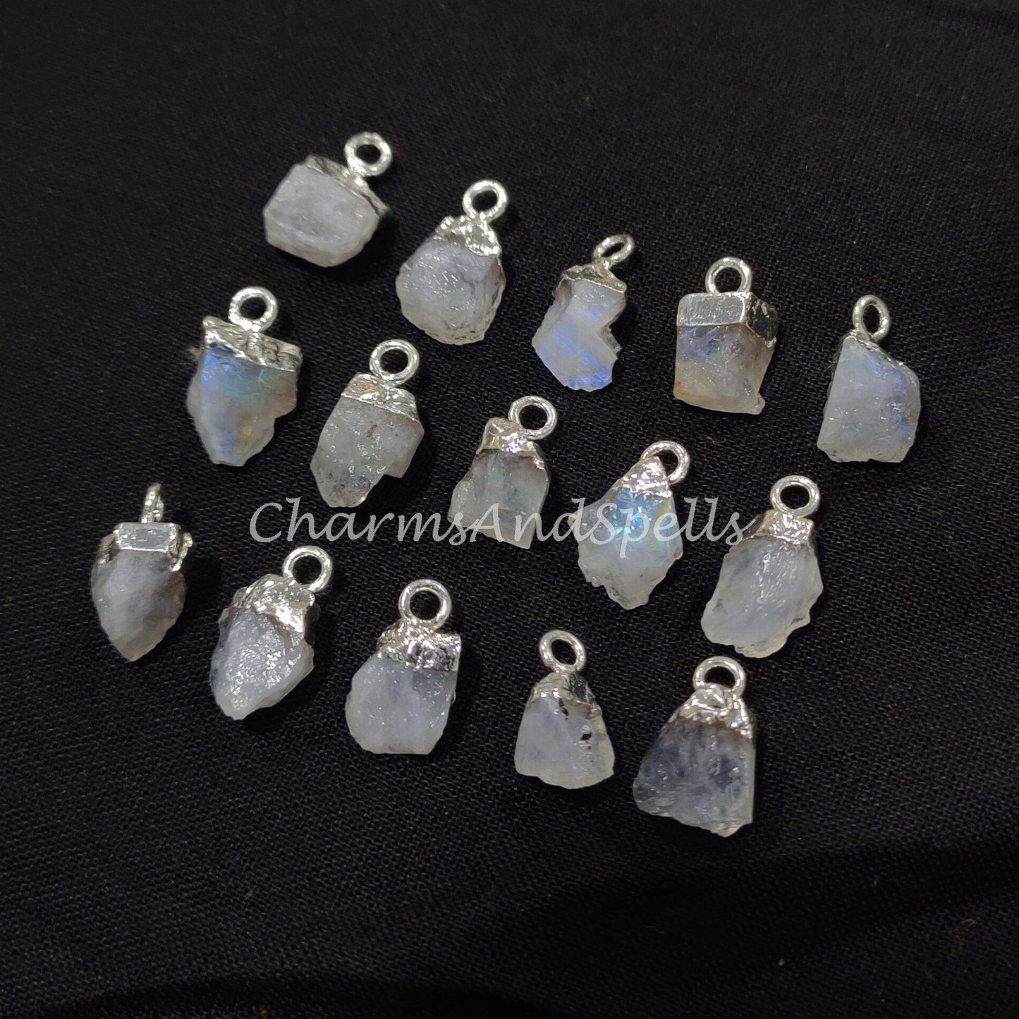 Raw Moonstone Electroplated Pendant Connectors, Rough Stone Connectors, Silver Plated Connectors, DIY Raw Moonstone Making Jewelry - Charms And Spells