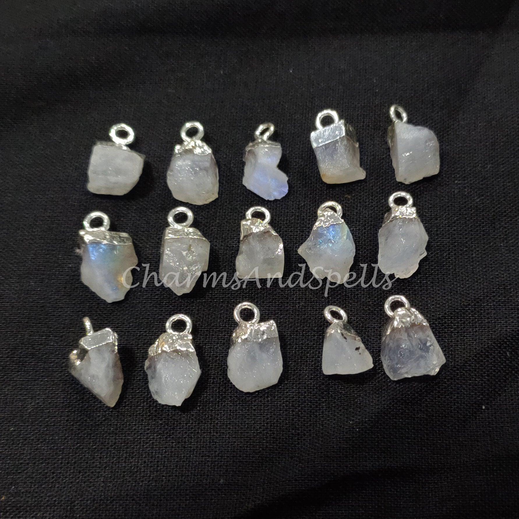 Raw Moonstone Electroplated Pendant Connectors, Rough Stone Connectors, Silver Plated Connectors, DIY Raw Moonstone Making Jewelry - Charms And Spells