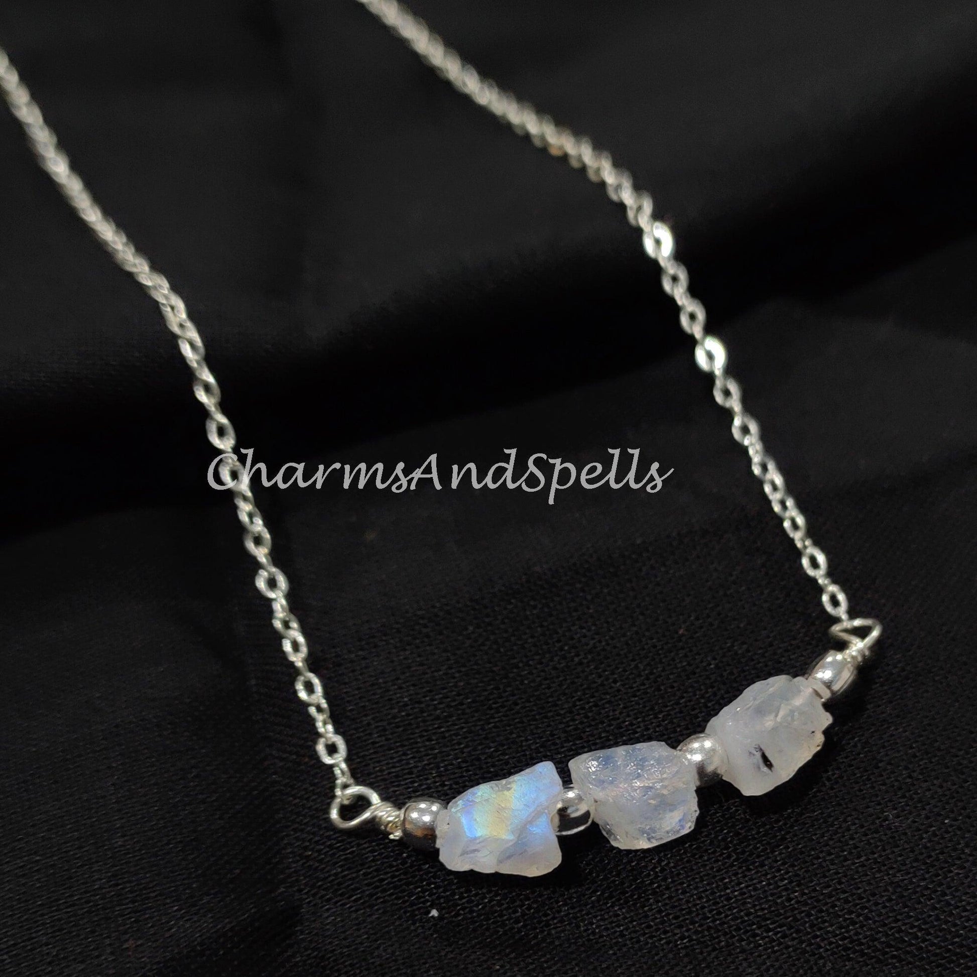 Natural Raw Moonstone Necklace, Healing Necklace, June Birthstone, Rainbow Necklace, Gift For Girlfriend, Gift for Her - Charms And Spells