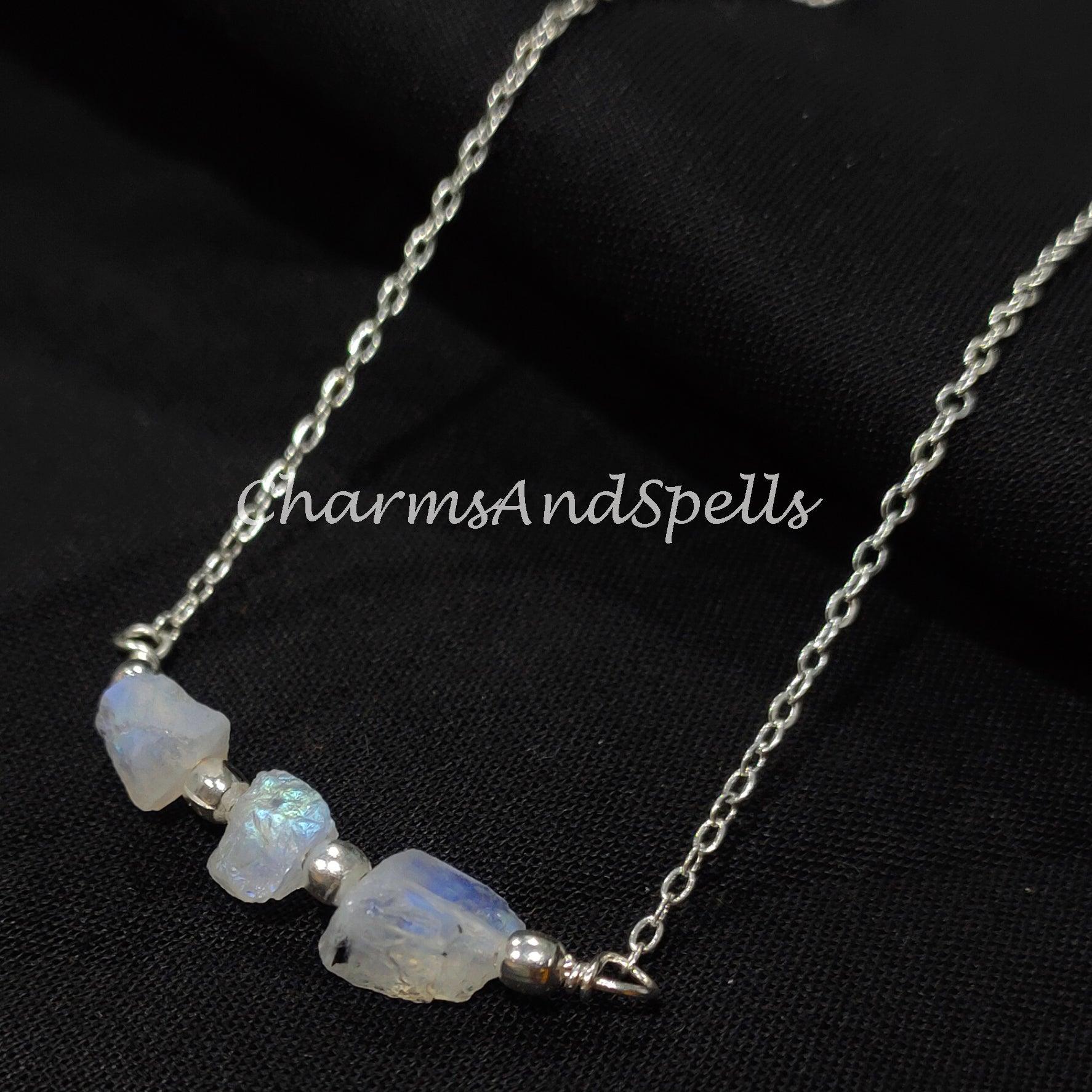 Natural Raw Moonstone Necklace, Healing Necklace, June Birthstone, Rainbow Necklace, Gift For Girlfriend, Gift for Her - Charms And Spells