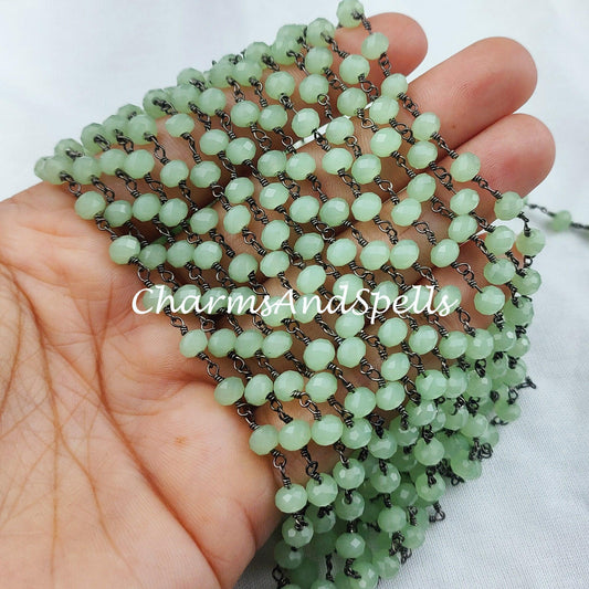 1,2,5,10,25 Ft Green Chalcedony Rondelle Beaded Rosary Chain, Black Plated Wire, Jewelry Making, Wire Wrapped Chain 5-5.5mm, DIY Chain - Charms And Spells