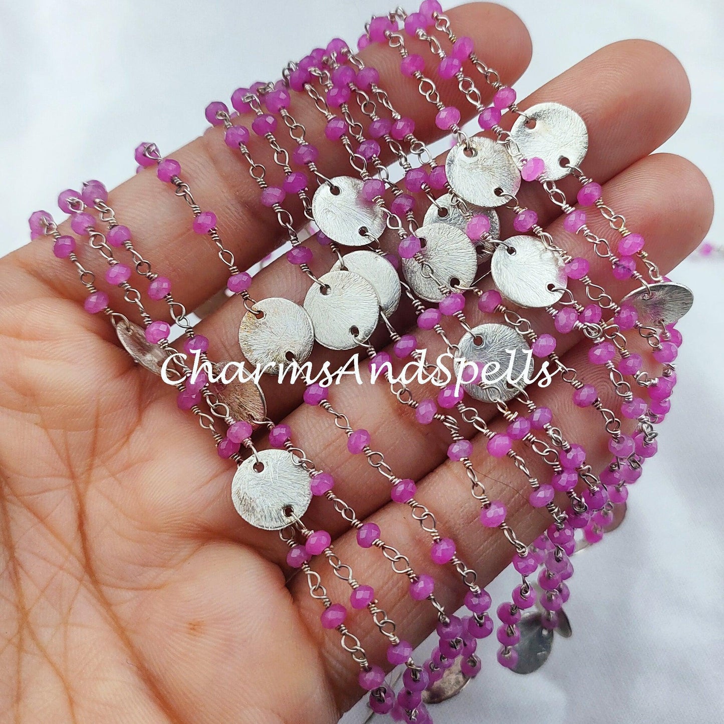 1 Feet Chain, Sale!!!! Pink Chalcedony Bead Chain, Healing Necklace Chain, Wire Wrapped Chain With Charm, Rosary Bead Chain, Pink Gemstone Chain - Charms And Spells