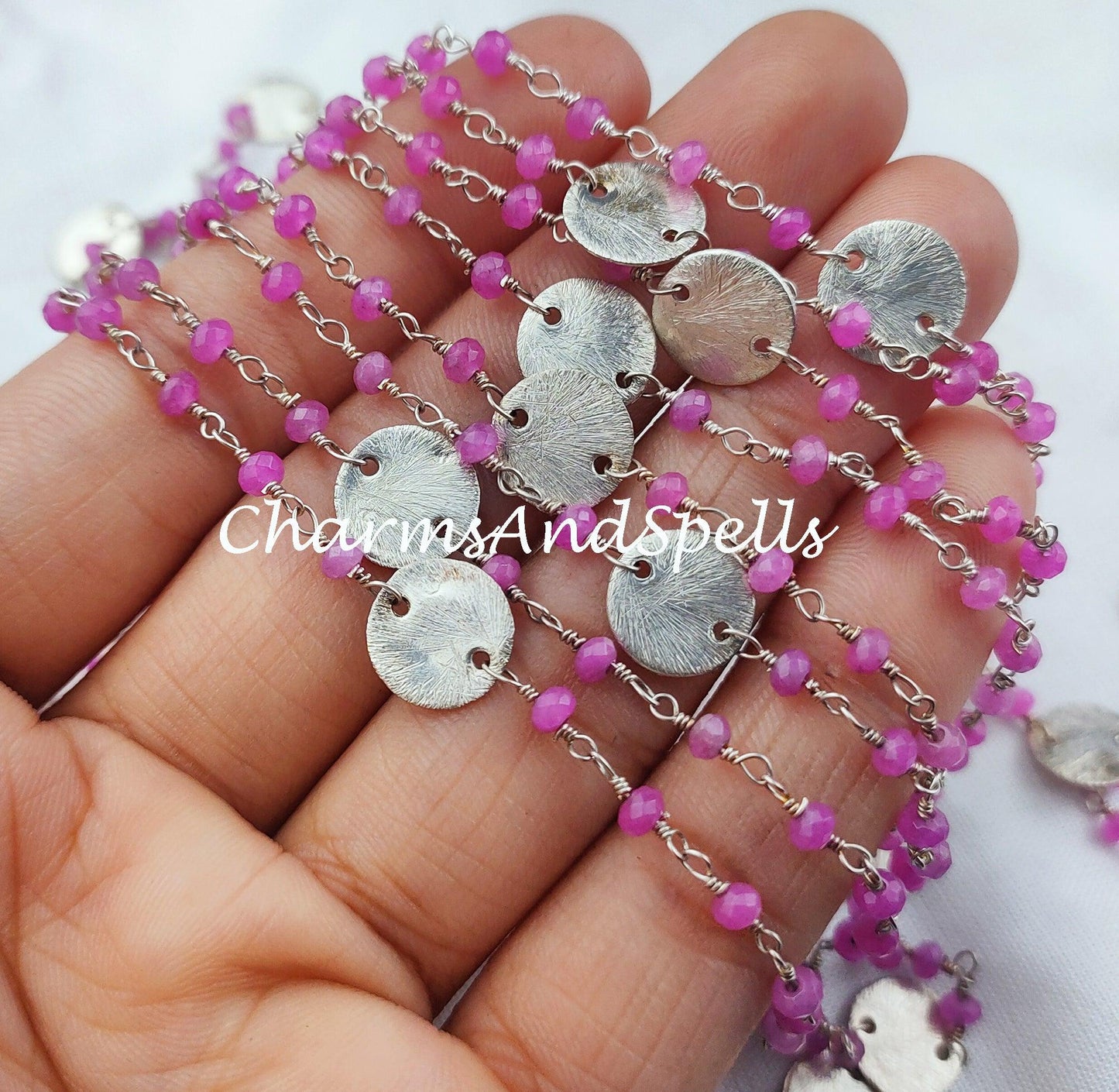 1 Feet Chain, Sale!!!! Pink Chalcedony Bead Chain, Healing Necklace Chain, Wire Wrapped Chain With Charm, Rosary Bead Chain, Pink Gemstone Chain - Charms And Spells