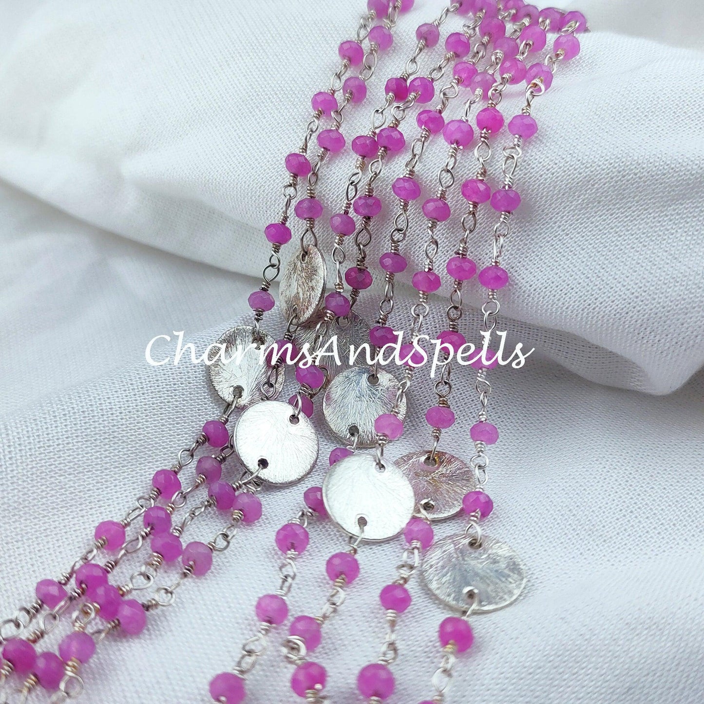 1 Feet Chain, Sale!!!! Pink Chalcedony Bead Chain, Healing Necklace Chain, Wire Wrapped Chain With Charm, Rosary Bead Chain, Pink Gemstone Chain - Charms And Spells