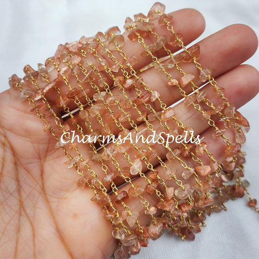 1 Feet Chain, Natural Sunstone Uncut Chain, Beads Chain, Uncut Chain, Jewelry Making Chain, Women Chain, Necklace Chain, DIY 14K Gold Plated Rosary - Charms And Spells