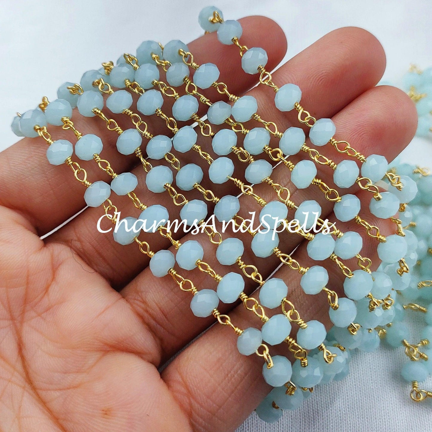 1 Feet Chain, Sale!!!! Blue Chalcedony Beaded Chain, Necklace Chain, Wire Wrapped Gemstone Beaded Chain, Rosary Beaded Chain, Blue Color Gemstone - Charms And Spells