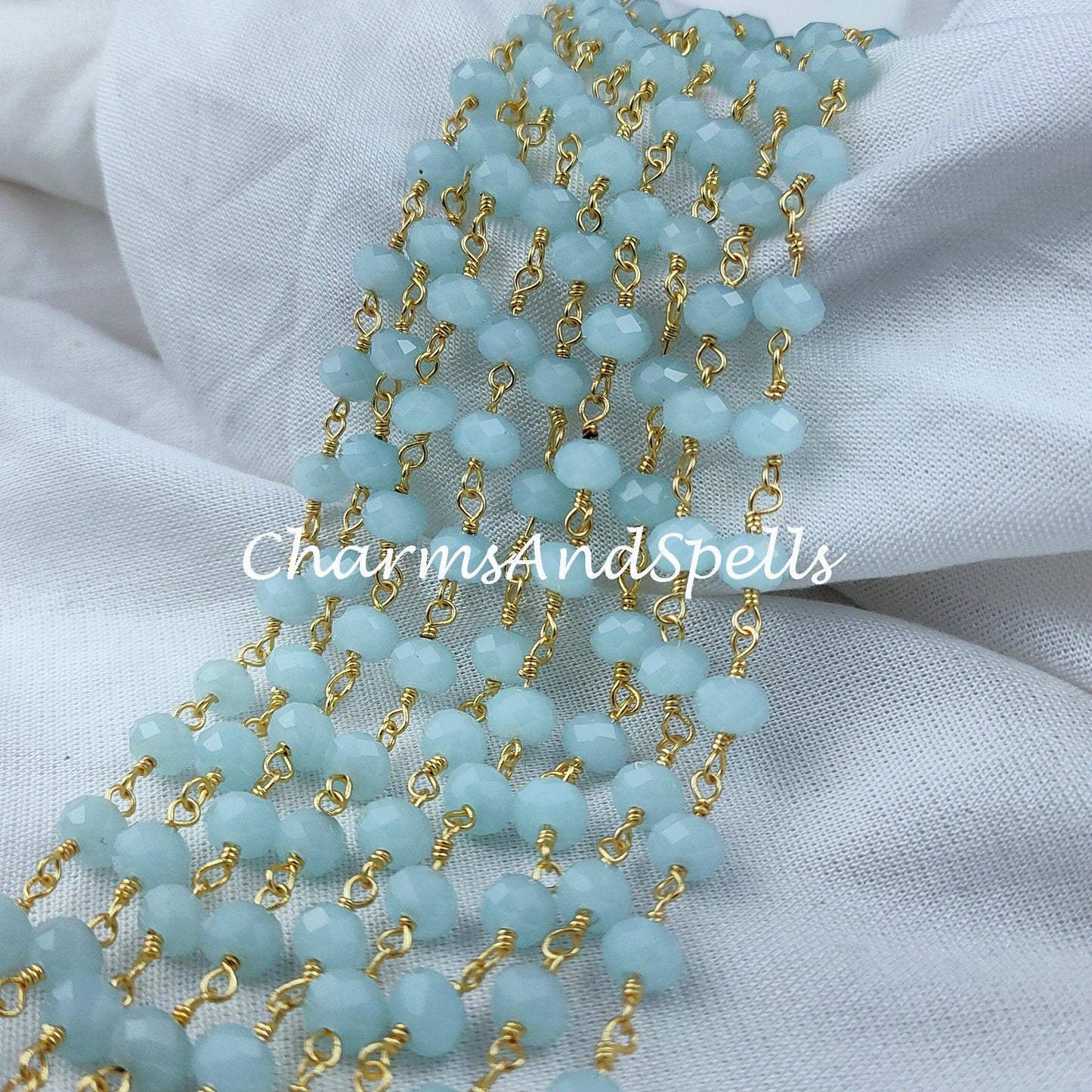 1 Feet Chain, Sale!!!! Blue Chalcedony Beaded Chain, Necklace Chain, Wire Wrapped Gemstone Beaded Chain, Rosary Beaded Chain, Blue Color Gemstone - Charms And Spells