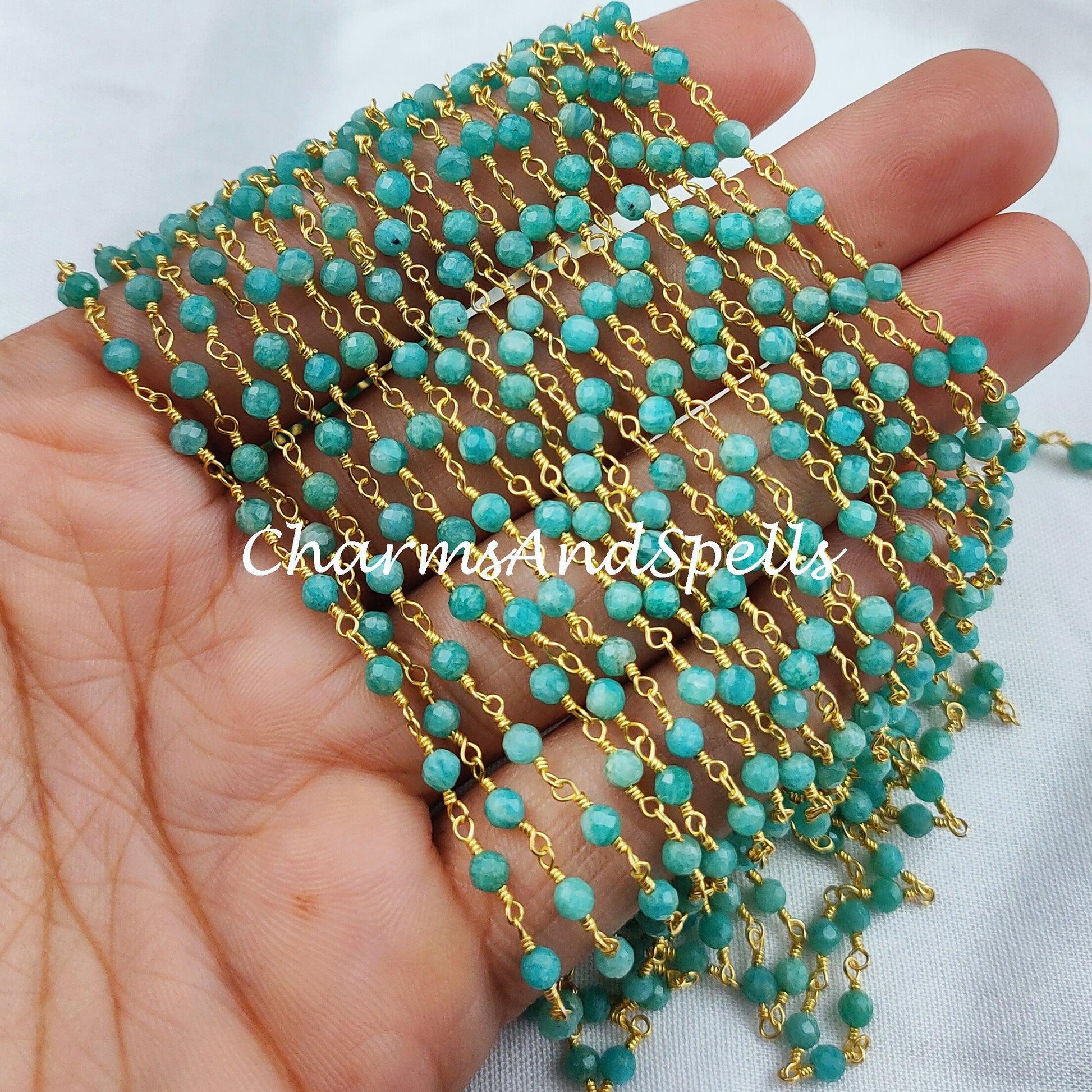 1 Feet Chain, Natural Amazonite Beaded Chain, Women Necklace, Wire Wrapped Amazonite Beaded Chain, Rosary Bead Chain, Amazonite Rosary - Charms And Spells