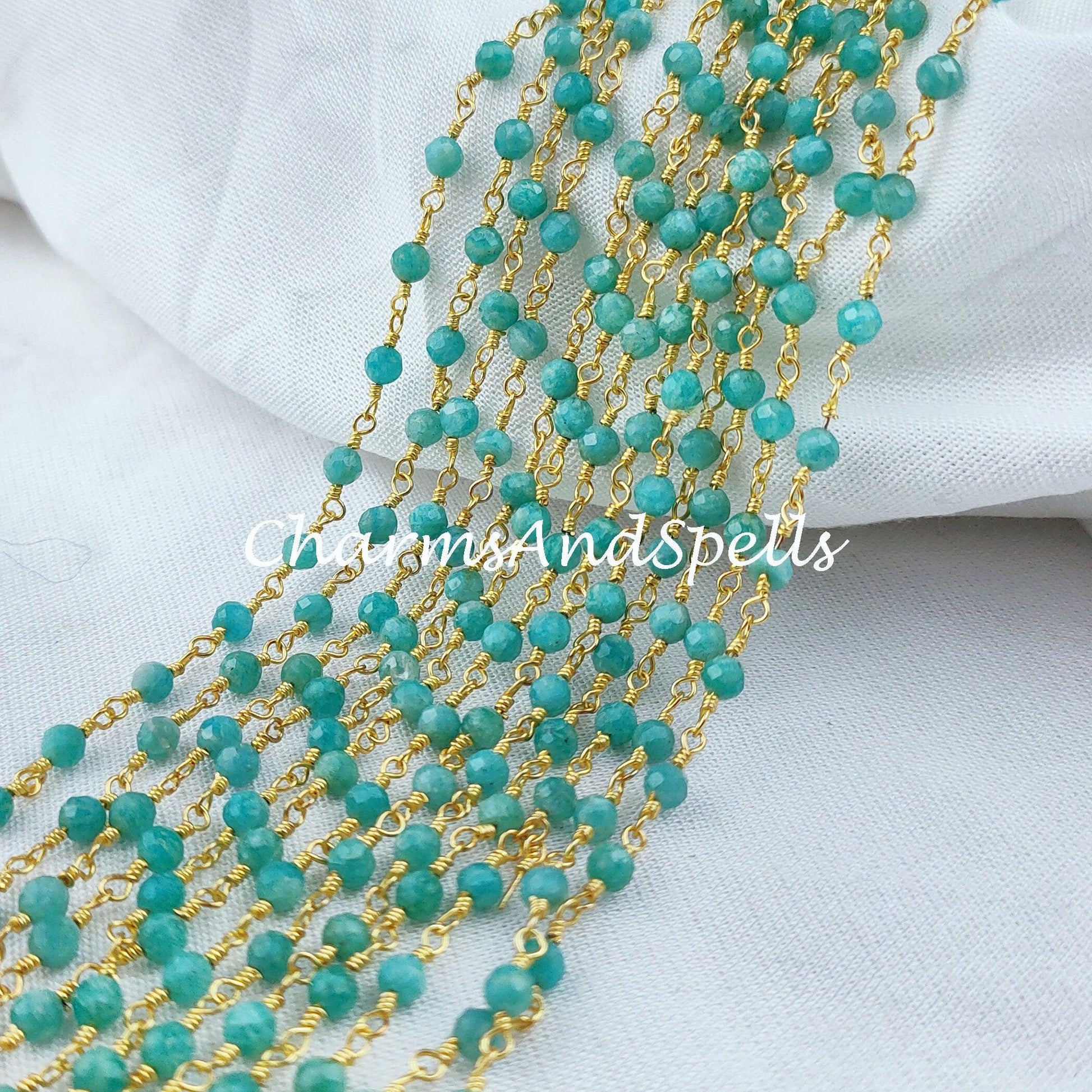 1 Feet Chain, Natural Amazonite Beaded Chain, Women Necklace, Wire Wrapped Amazonite Beaded Chain, Rosary Bead Chain, Amazonite Rosary - Charms And Spells