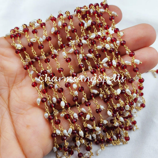 1 Feet Chain, 50% OFF Garnet Beaded Thick Rosary Chain, Pearl Beaded Gold Plated Chain, Pearl Jewelry Findings, 3-3.5 Rosary Chain Rolls - Charms And Spells