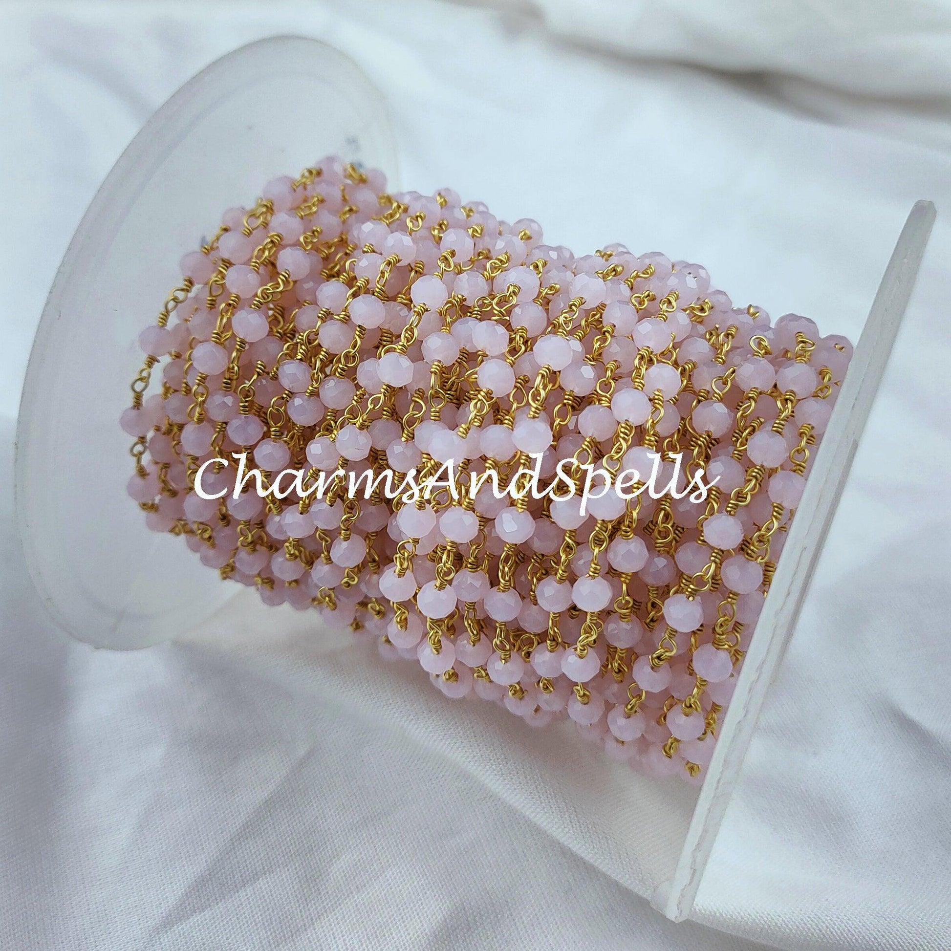 1 Feet Chain, Coated Pink Chalcedony Rosary Chain, Rondelle Beads Chain, Gold Plated Chain, DIY Jewelry Making Supply,Pink Stone Chain - Charms And Spells