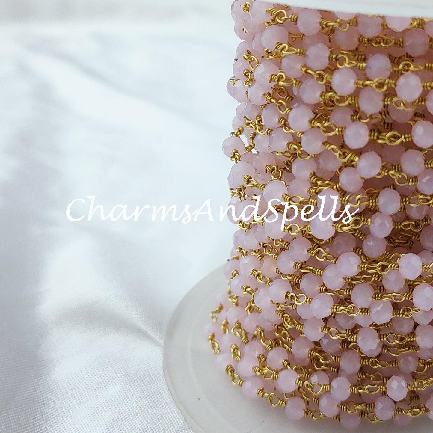 1 Feet Chain, Coated Pink Chalcedony Rosary Chain, Rondelle Beads Chain, Gold Plated Chain, DIY Jewelry Making Supply,Pink Stone Chain - Charms And Spells