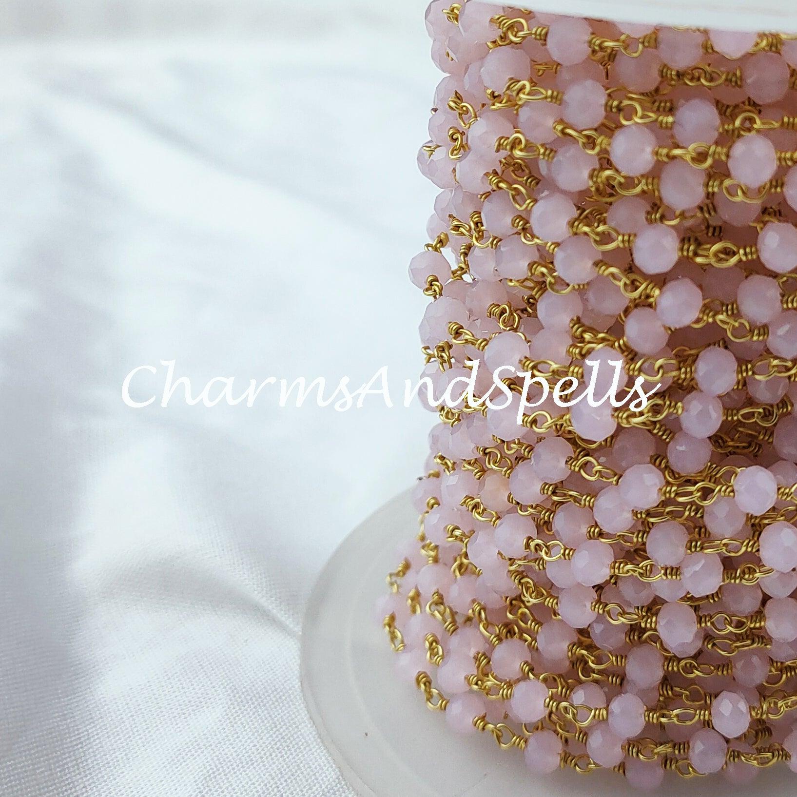 1 Feet Chain, Coated Pink Chalcedony Rosary Chain, Rondelle Beads Chain, Gold Plated Chain, DIY Jewelry Making Supply,Pink Stone Chain - Charms And Spells