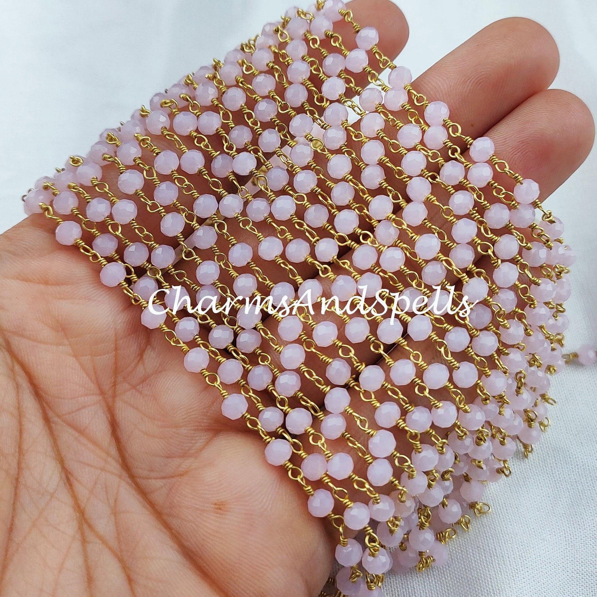 1 Feet Chain, Coated Pink Chalcedony Rosary Chain, Rondelle Beads Chain, Gold Plated Chain, DIY Jewelry Making Supply,Pink Stone Chain - Charms And Spells