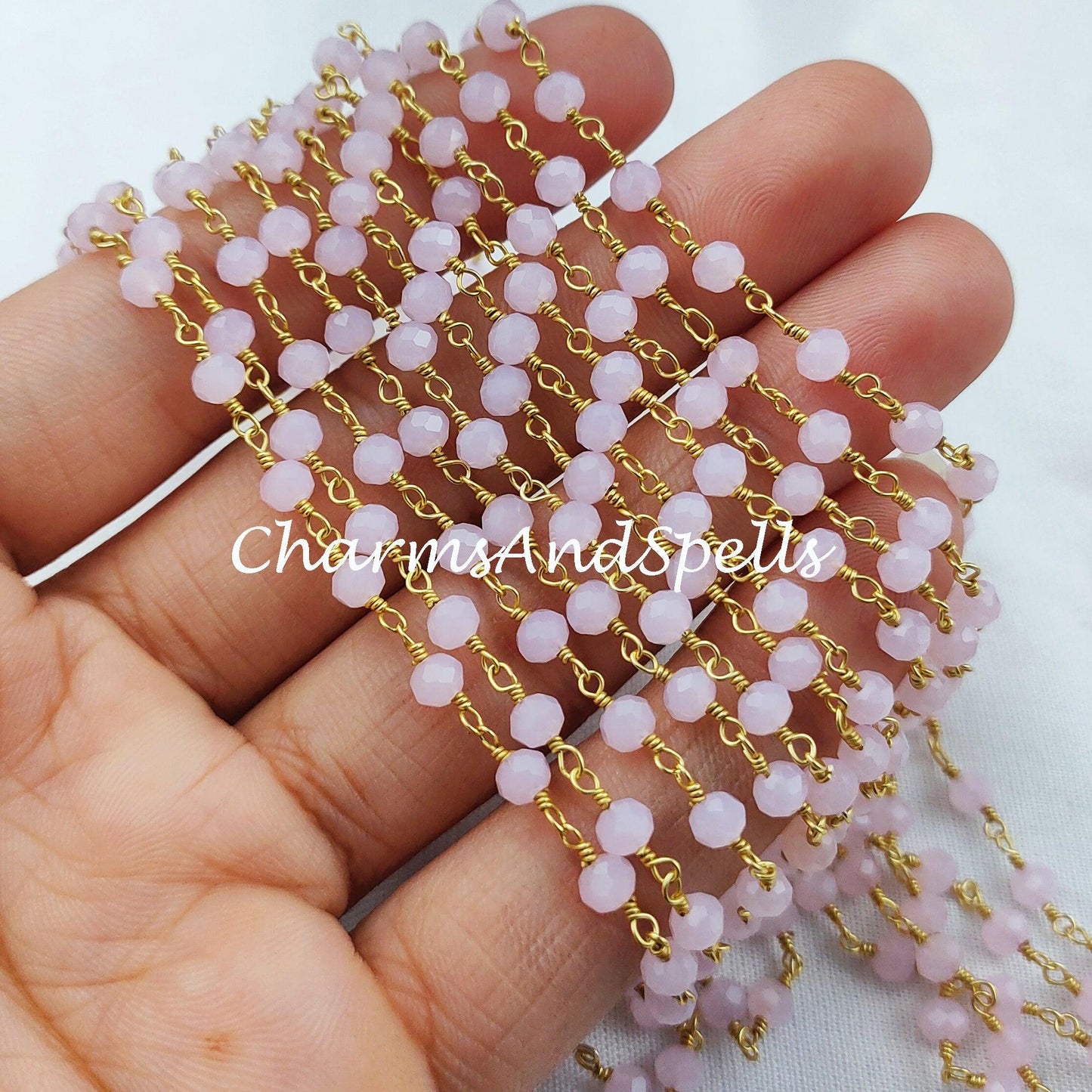 1 Feet Chain, Coated Pink Chalcedony Rosary Chain, Rondelle Beads Chain, Gold Plated Chain, DIY Jewelry Making Supply,Pink Stone Chain - Charms And Spells