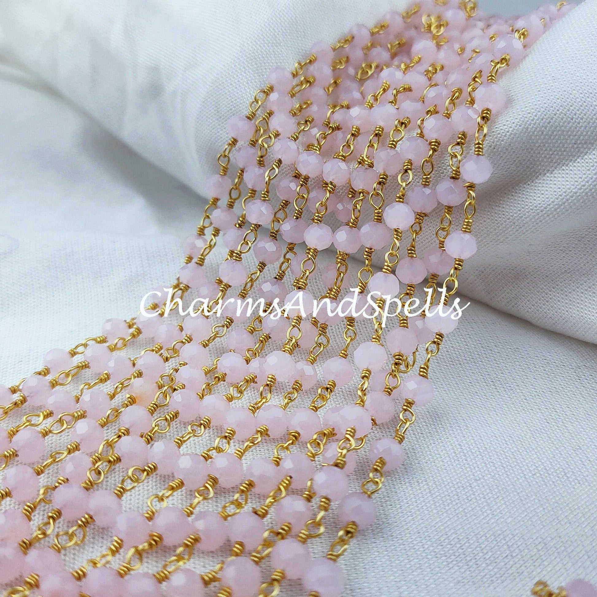 1 Feet Chain, Coated Pink Chalcedony Rosary Chain, Rondelle Beads Chain, Gold Plated Chain, DIY Jewelry Making Supply,Pink Stone Chain - Charms And Spells