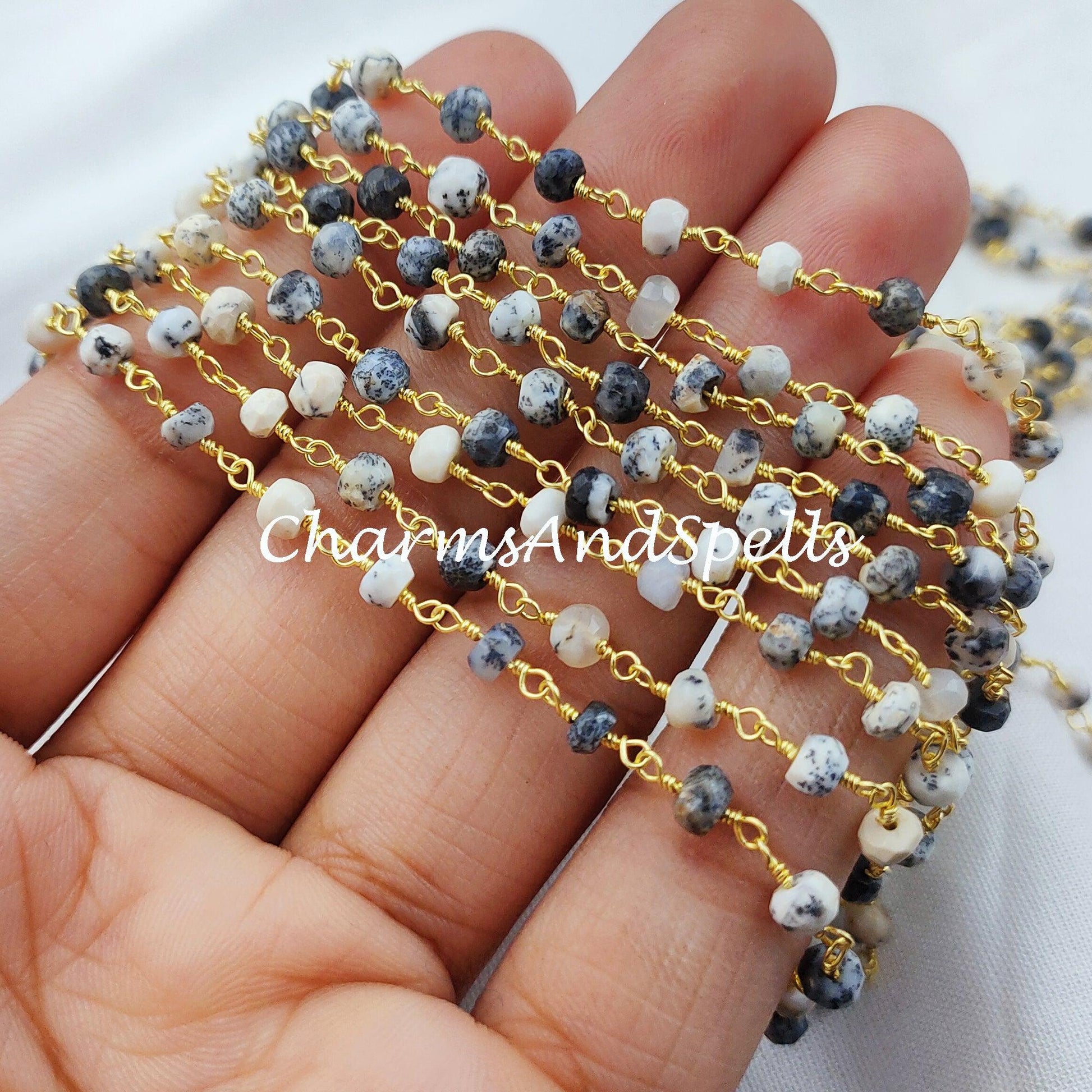 1 Feet Chain, Natural Dendrite Bead Chain, Healing Necklace Chain, Wire Wrapped Beaded Chain, Rosary Bead Chain, Gemstone Chain, Gold Plated Chain - Charms And Spells