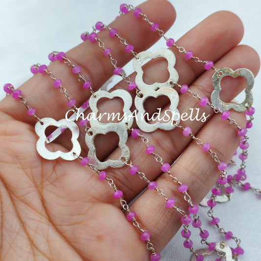 1 Feet Chain, Pink Chalcedony Rosary Chain, Beads Chain, Body Chain, Jewelry Making Charm Chain, Women Chain, Necklace Chain, Silver Plated Rosary - Charms And Spells