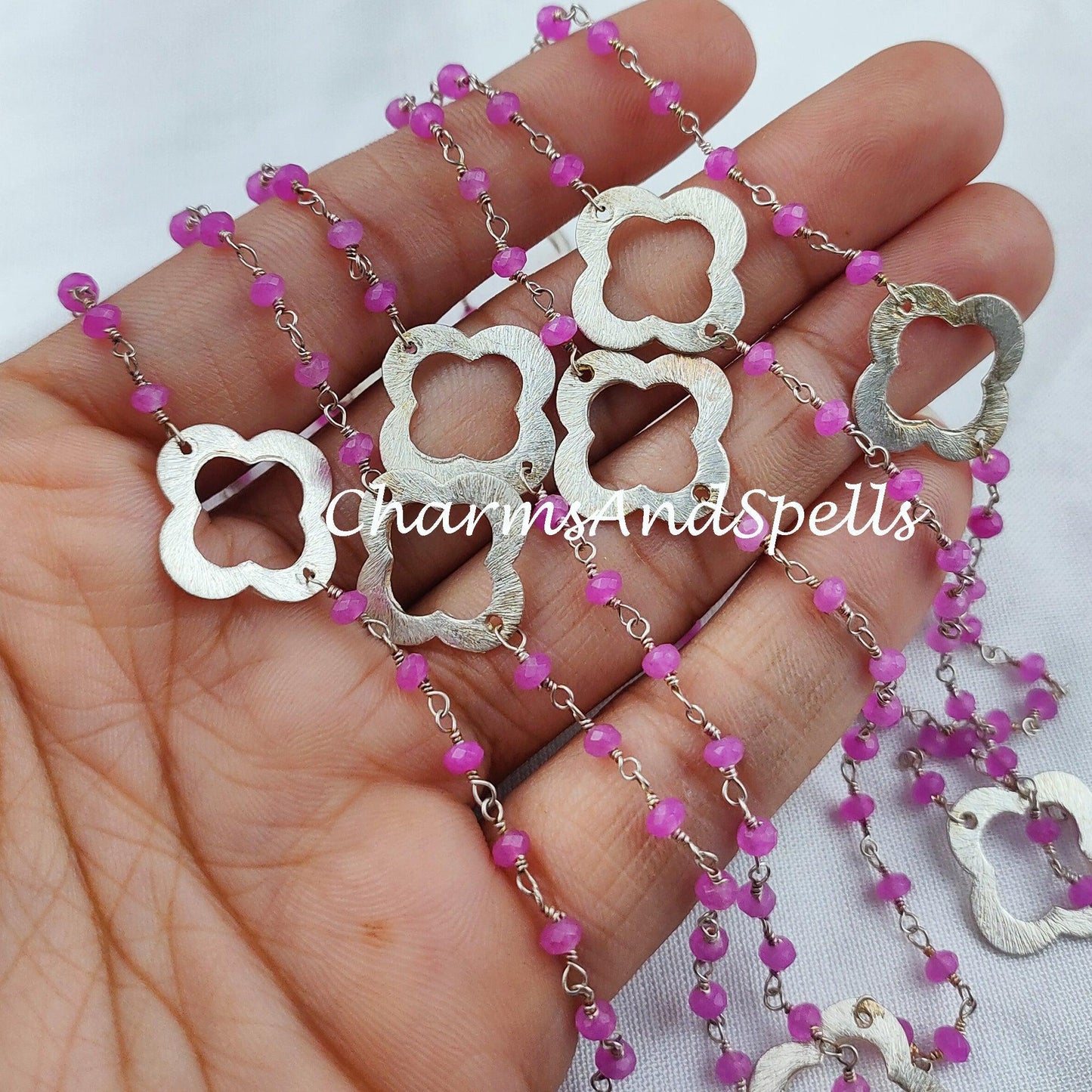 1 Feet Chain, Pink Chalcedony Rosary Chain, Beads Chain, Body Chain, Jewelry Making Charm Chain, Women Chain, Necklace Chain, Silver Plated Rosary - Charms And Spells