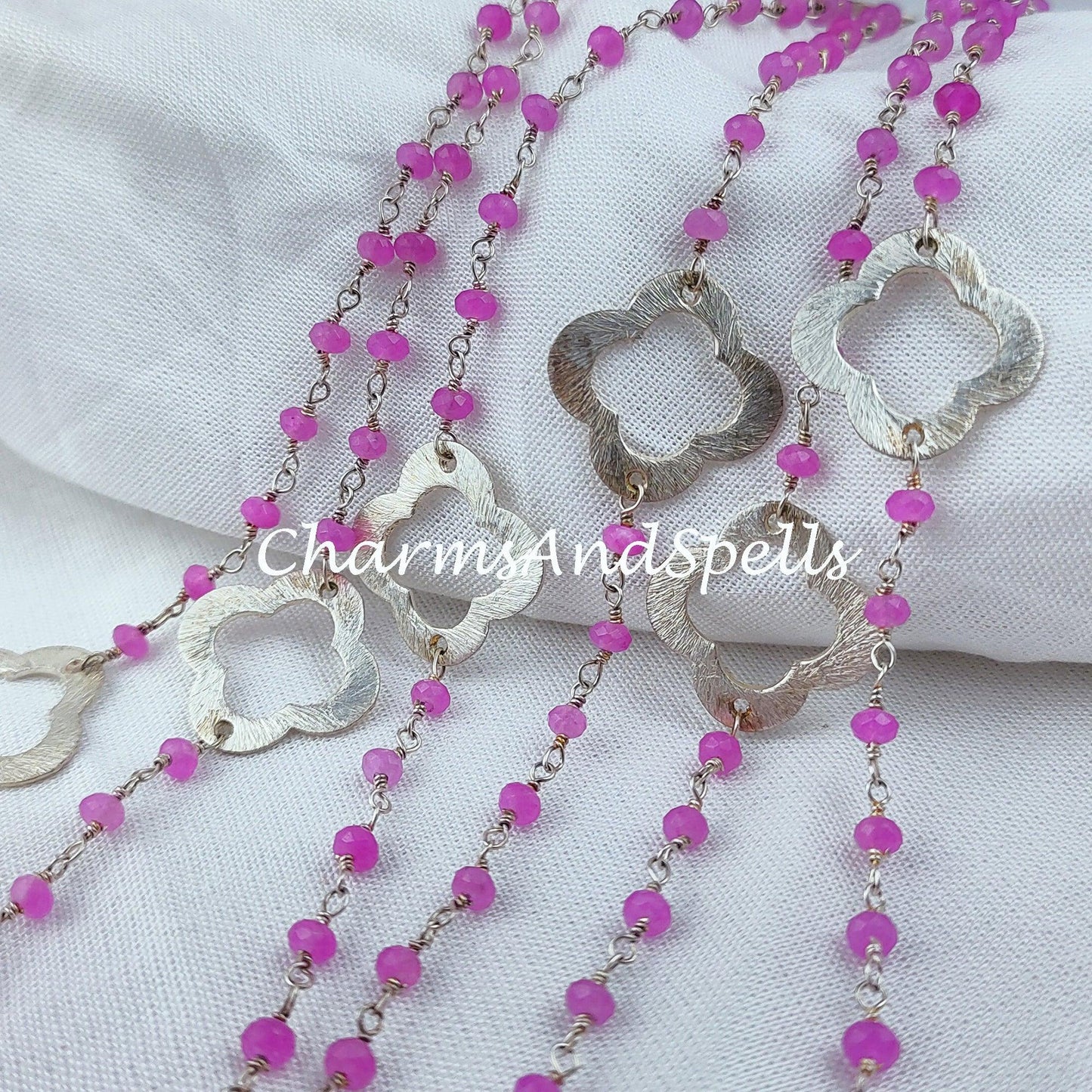 1 Feet Chain, Pink Chalcedony Rosary Chain, Beads Chain, Body Chain, Jewelry Making Charm Chain, Women Chain, Necklace Chain, Silver Plated Rosary - Charms And Spells