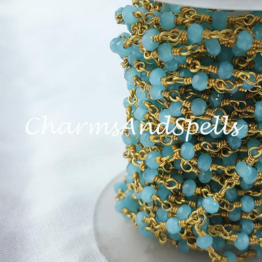 1 Feet Chain, Blue Chalcedony Rosary Chain, Rondelle Beads Chain, Gold Plated Rosary, DIY Jewelry Making Supply, Bead Size 3-3.5mm, Body Chain - Charms And Spells